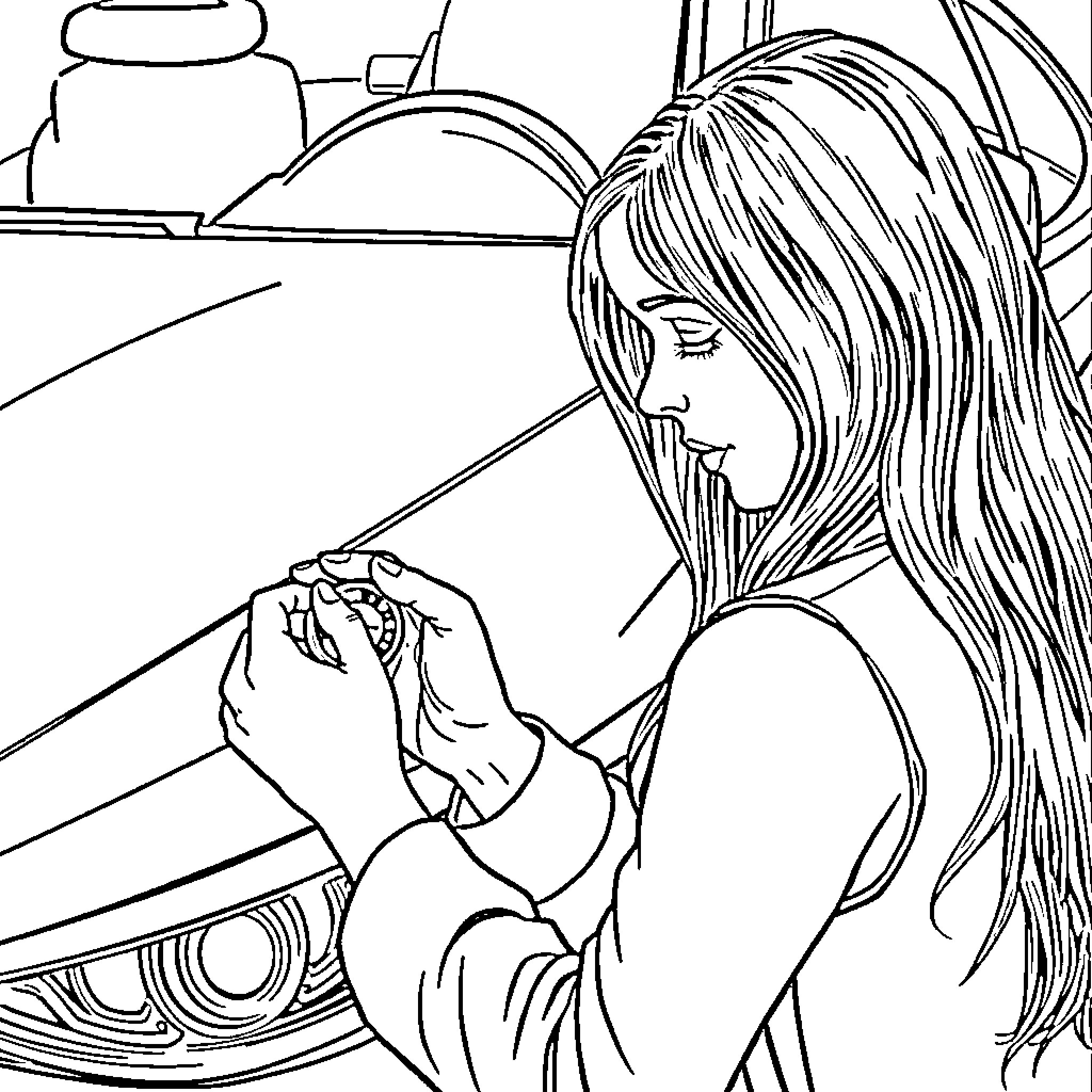 Woman contemplating in a thoughtful scene Coloring Page (free black-and-white line drawing printable PDF for all, from beginners to advanced learners, including children, teens, adults, and seniors)