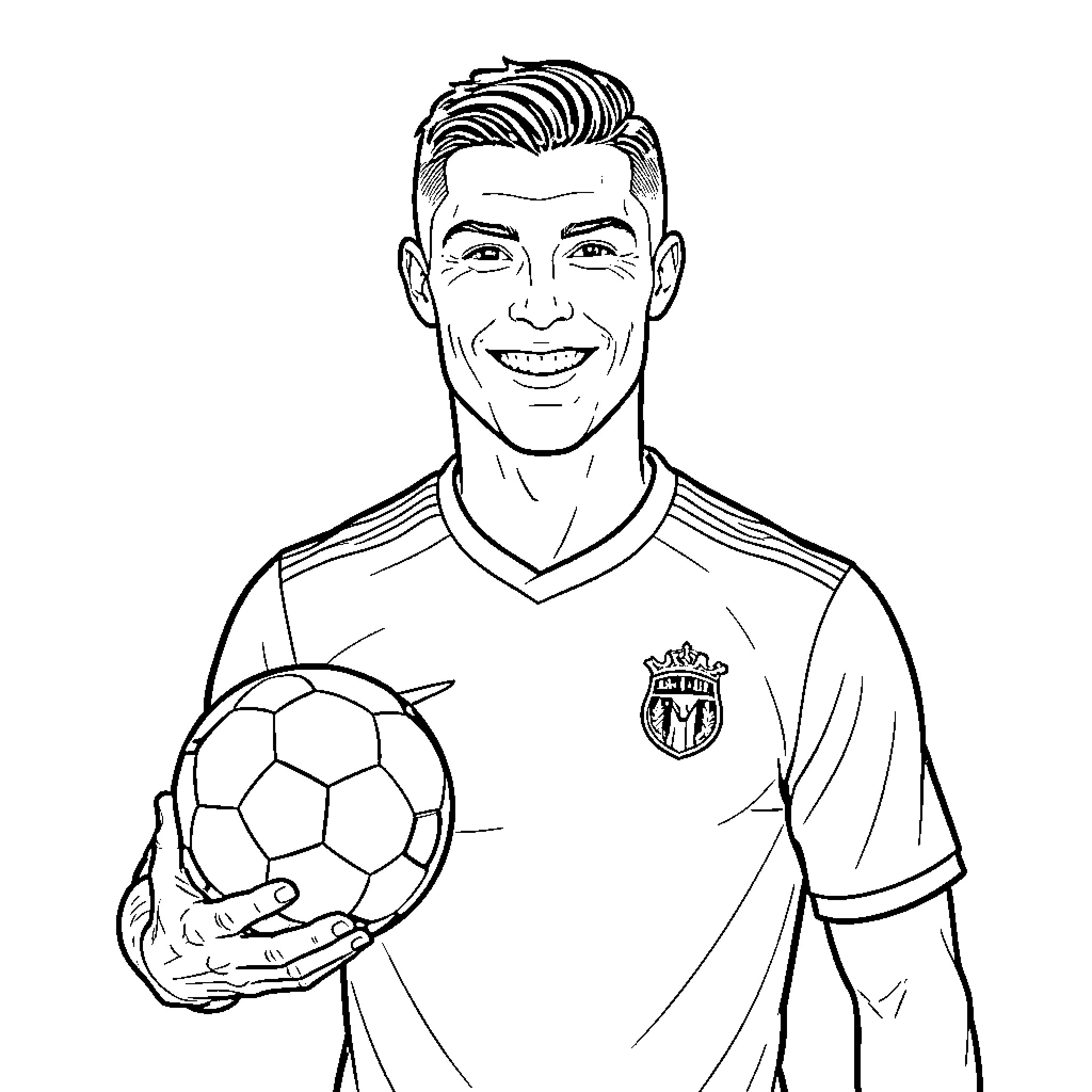 Cristiano Ronaldo holding a soccer ball and smiling Coloring Page (free black-and-white line drawing printable PDF for all, from beginners to advanced learners, including children, teens, adults, and seniors)