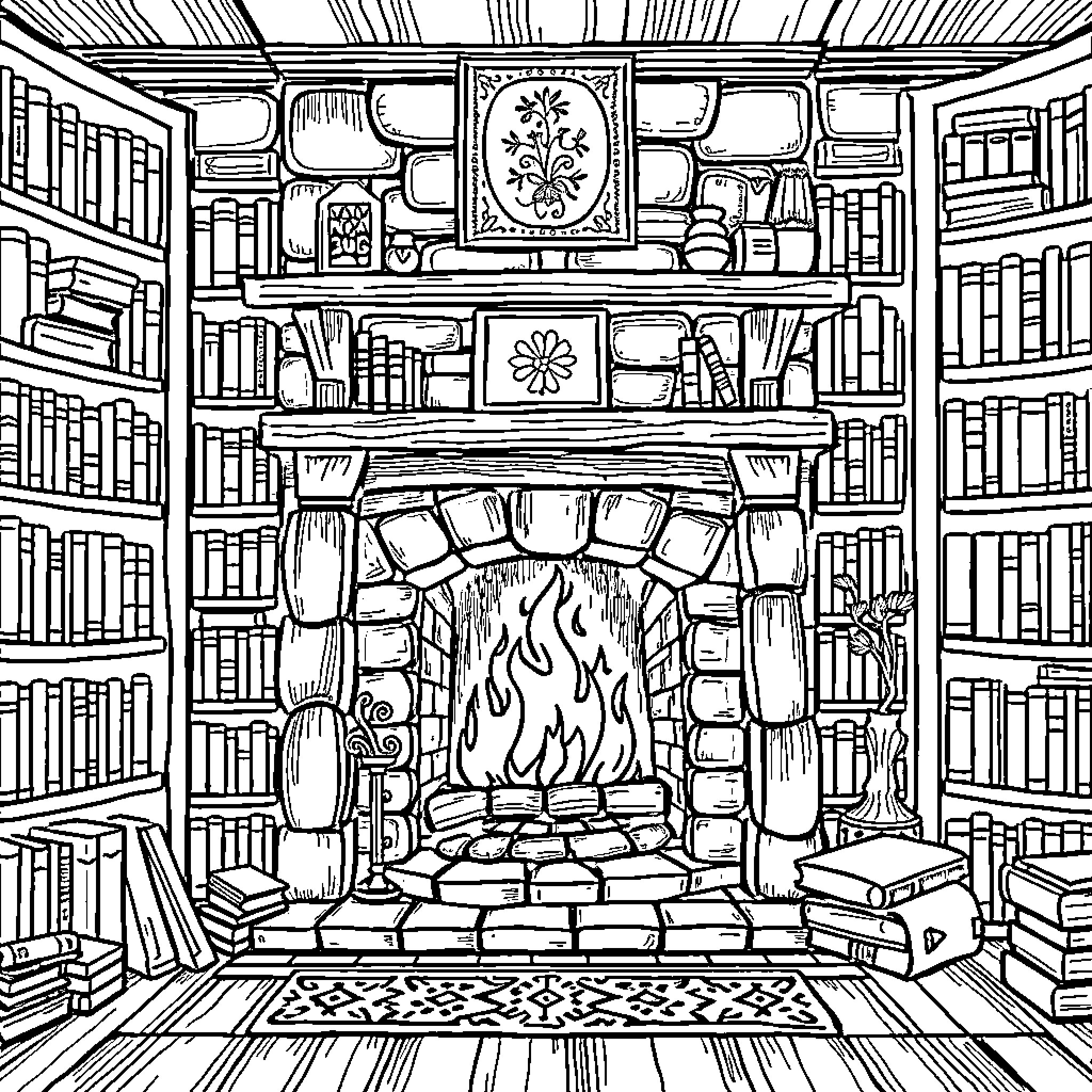 Fireplace in a cozy library with bookshelves Coloring Page (free black-and-white line drawing printable PDF for all, from beginners to advanced learners, including children, teens, adults, and seniors)