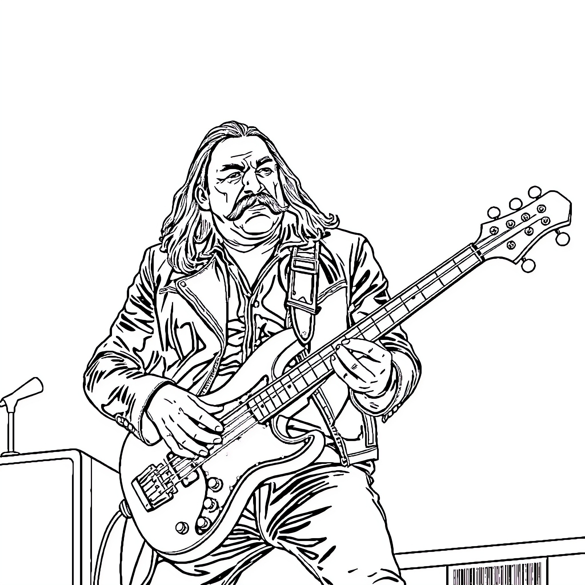 Lemmy Kilmister performing on stage with electric guitar Coloring Page (free black-and-white line drawing printable PDF for all, from beginners to advanced learners, including children, teens, adults, and seniors)