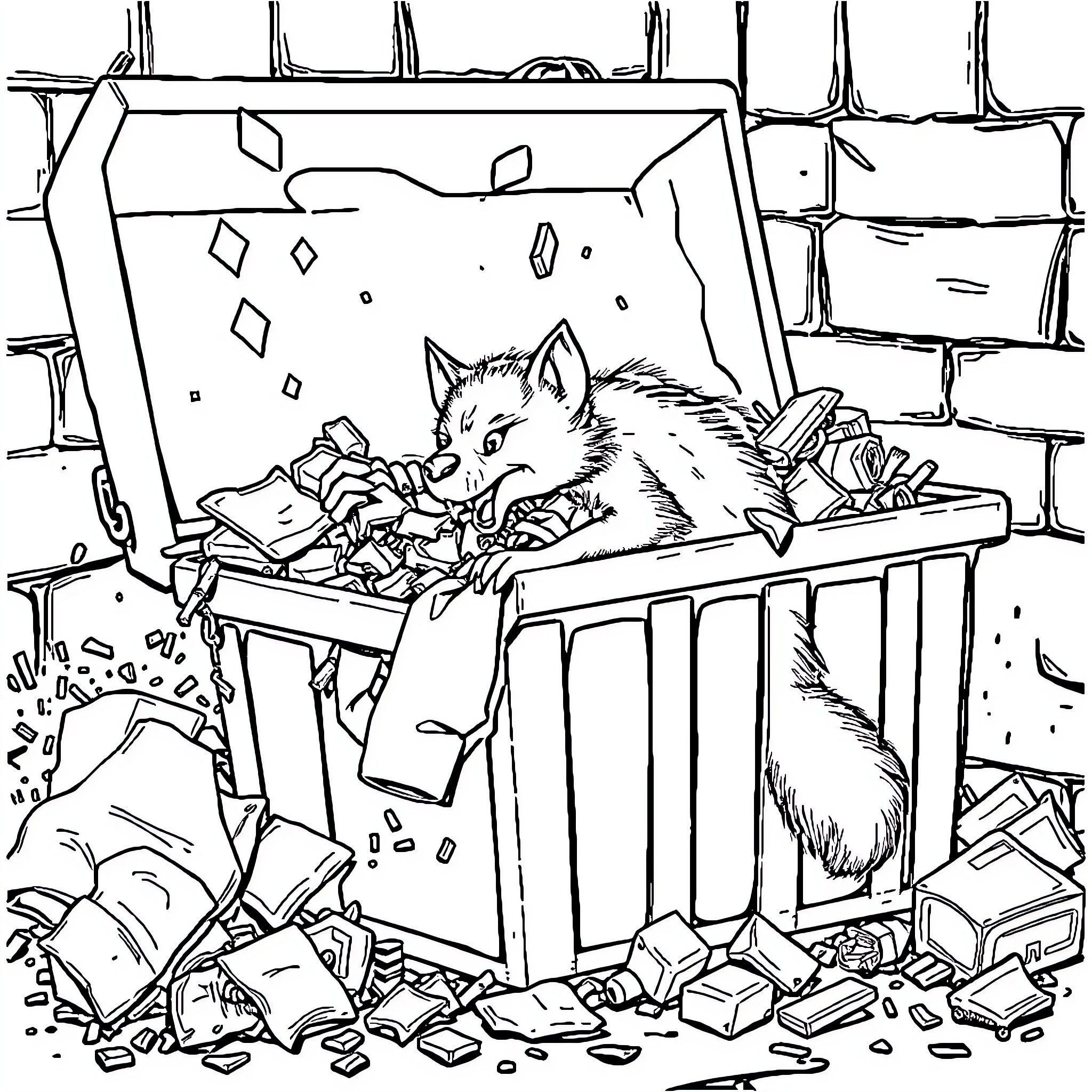 Tazmanian Devil rummaging through messy recycling bin Coloring Page (free black-and-white line drawing printable PDF for all, from beginners to advanced learners, including children, teens, adults, and seniors)
