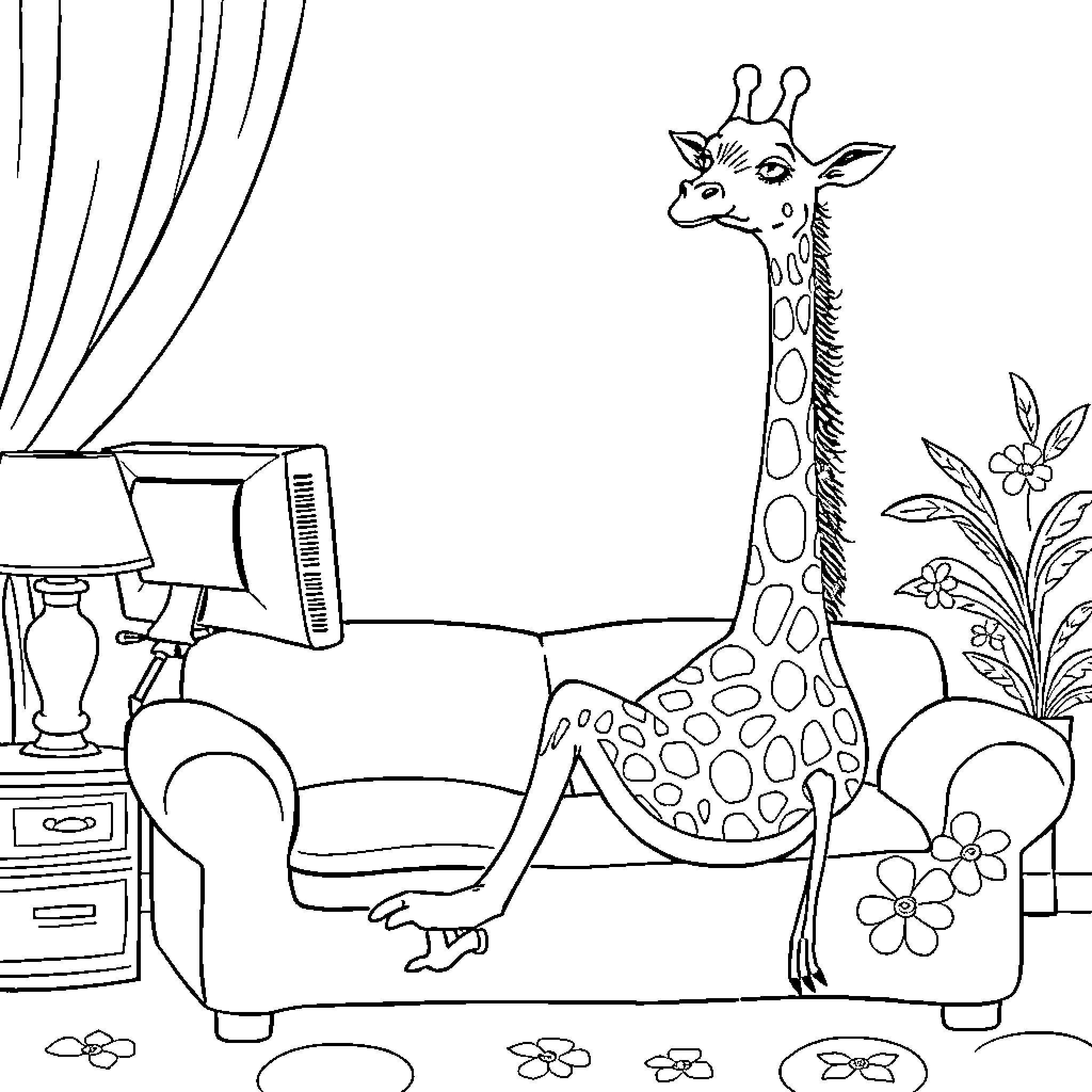Giraffe relaxing on the couch in a living room Coloring Page (free black-and-white line drawing printable PDF for all, from beginners to advanced learners, including children, teens, adults, and seniors)