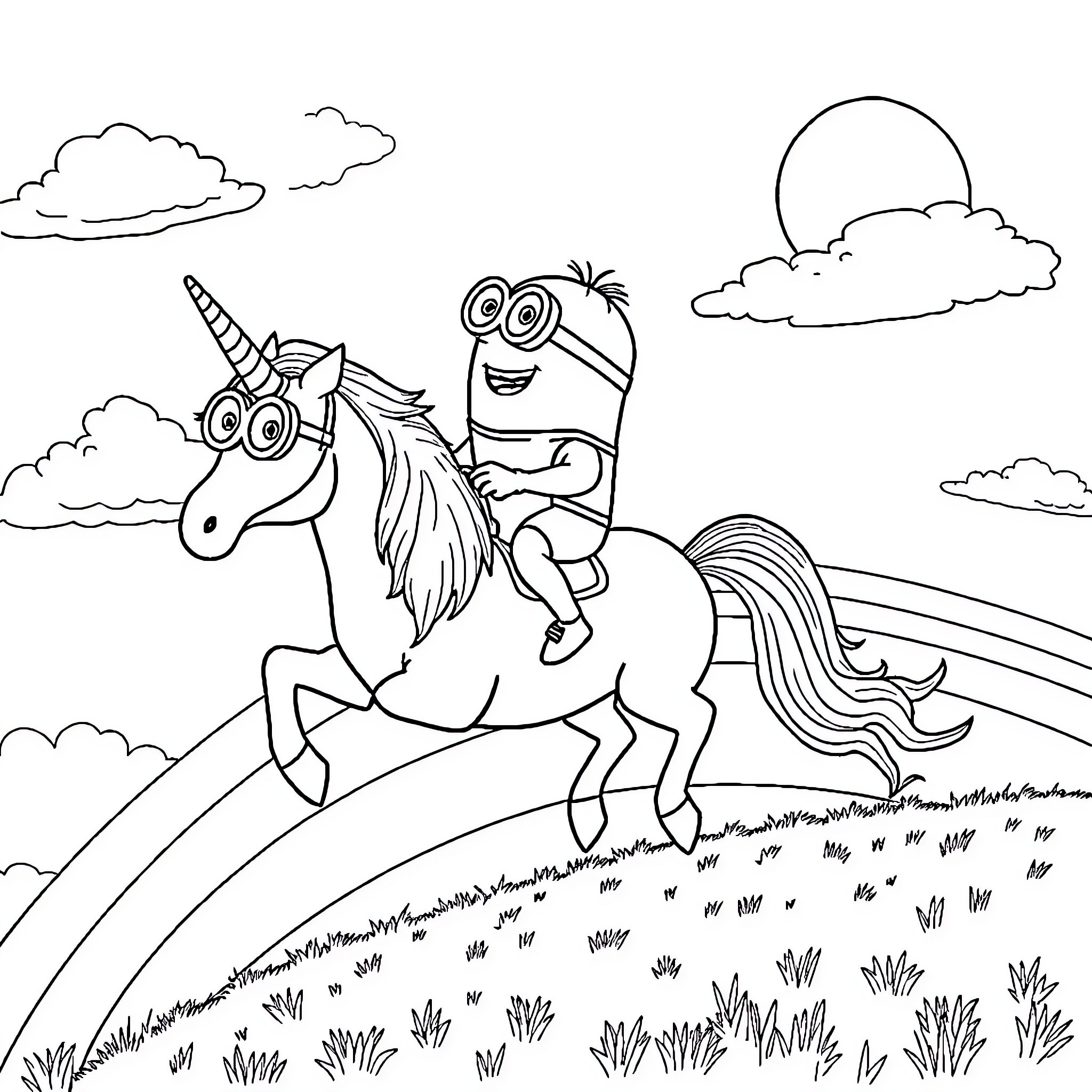 Minion riding a unicorn through a sunny meadow Coloring Page (free black-and-white line drawing printable PDF for all, from beginners to advanced learners, including children, teens, adults, and seniors)