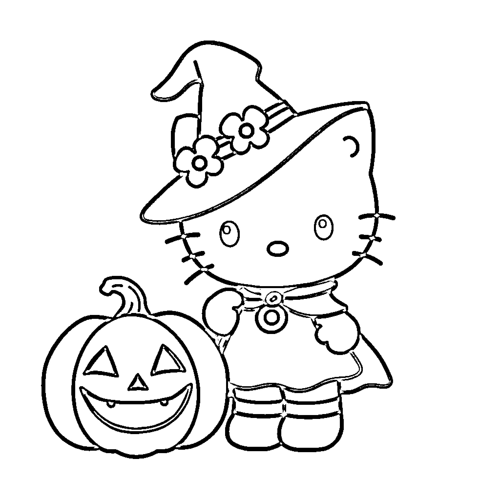 Hello Kitty dressed as a witch with a pumpkin Coloring Page (free black-and-white line drawing printable PDF for all, from beginners to advanced learners, including children, teens, adults, and seniors)