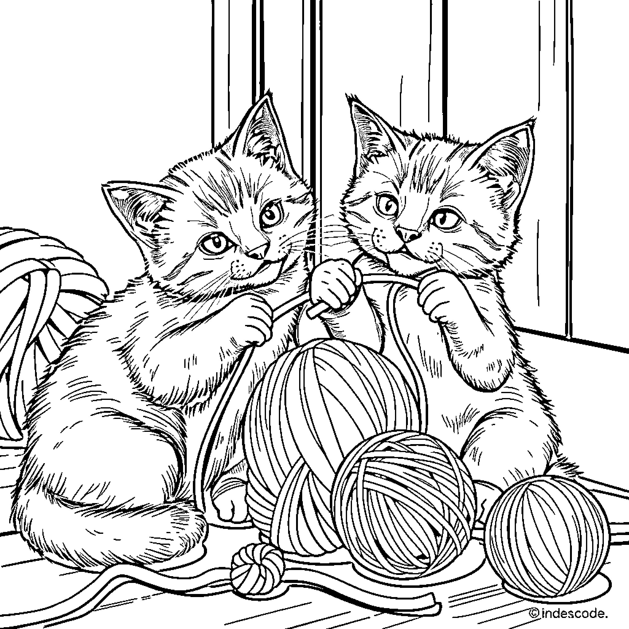 Cat kittens playing with yarn balls Coloring Page (free black-and-white line drawing printable PDF for all, from beginners to advanced learners, including children, teens, adults, and seniors)