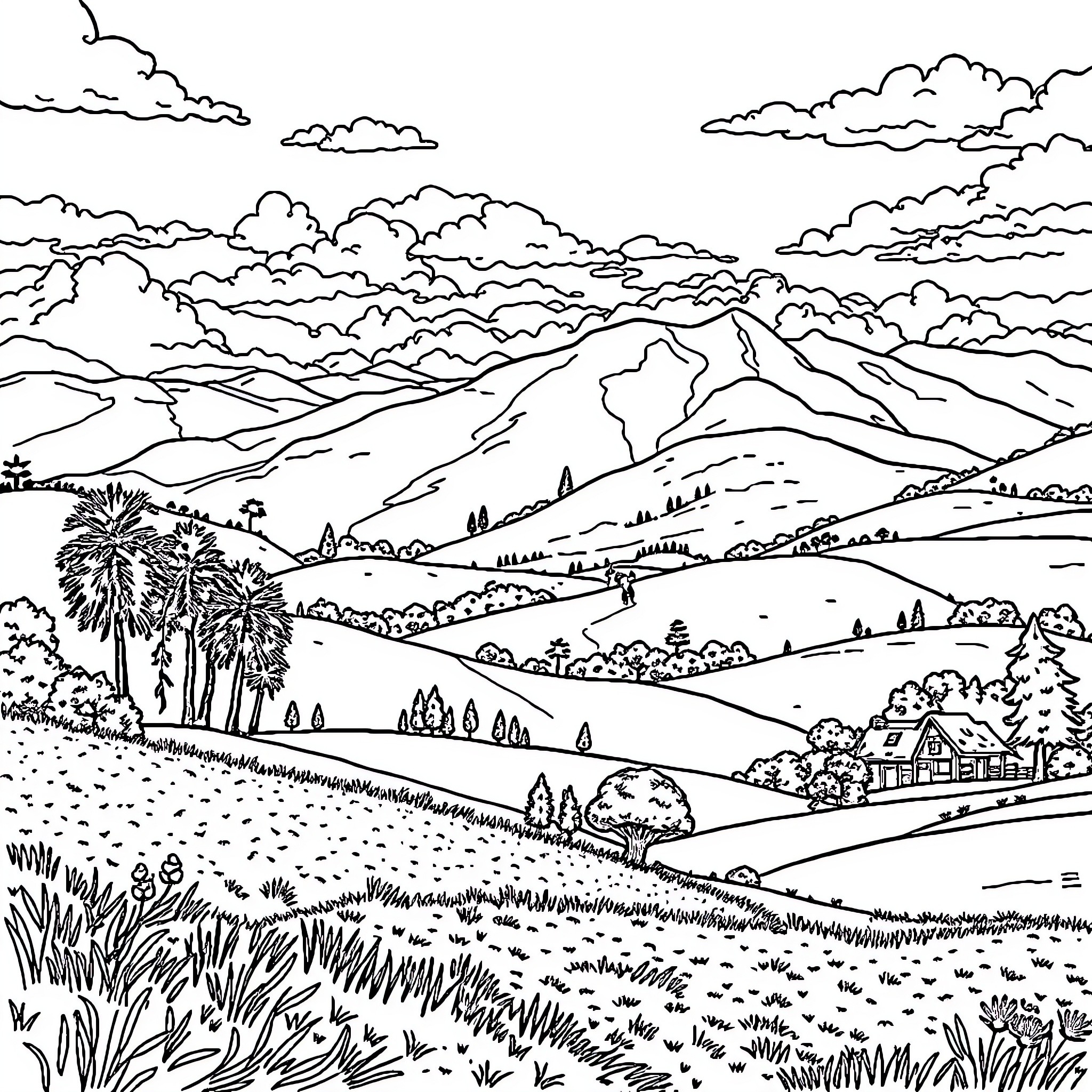 Harvester working in idyllic rural landscape Coloring Page (free black-and-white line drawing printable PDF for all, from beginners to advanced learners, including children, teens, adults, and seniors)