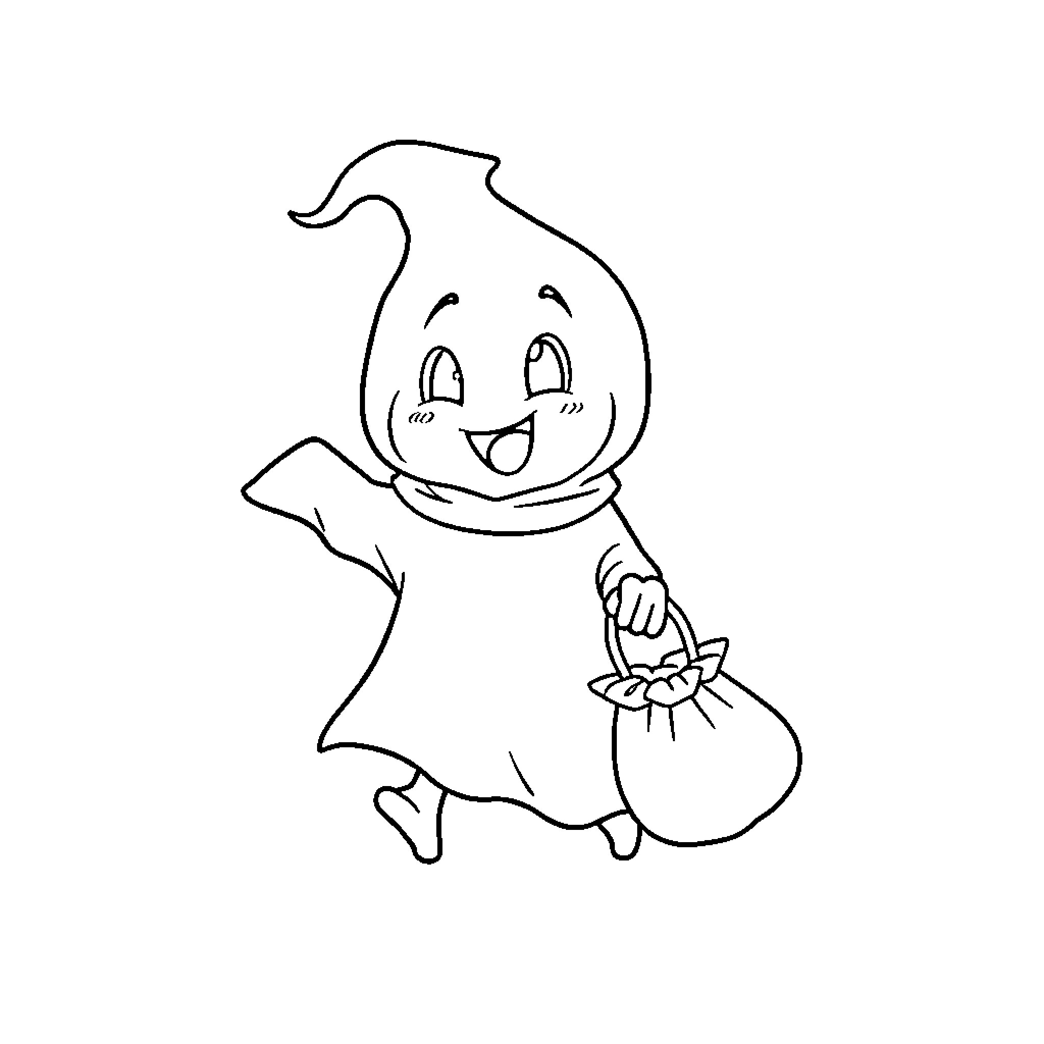 Ghost happily carrying a bag Coloring Page (free black-and-white line drawing printable PDF for all, from beginners to advanced learners, including children, teens, adults, and seniors)