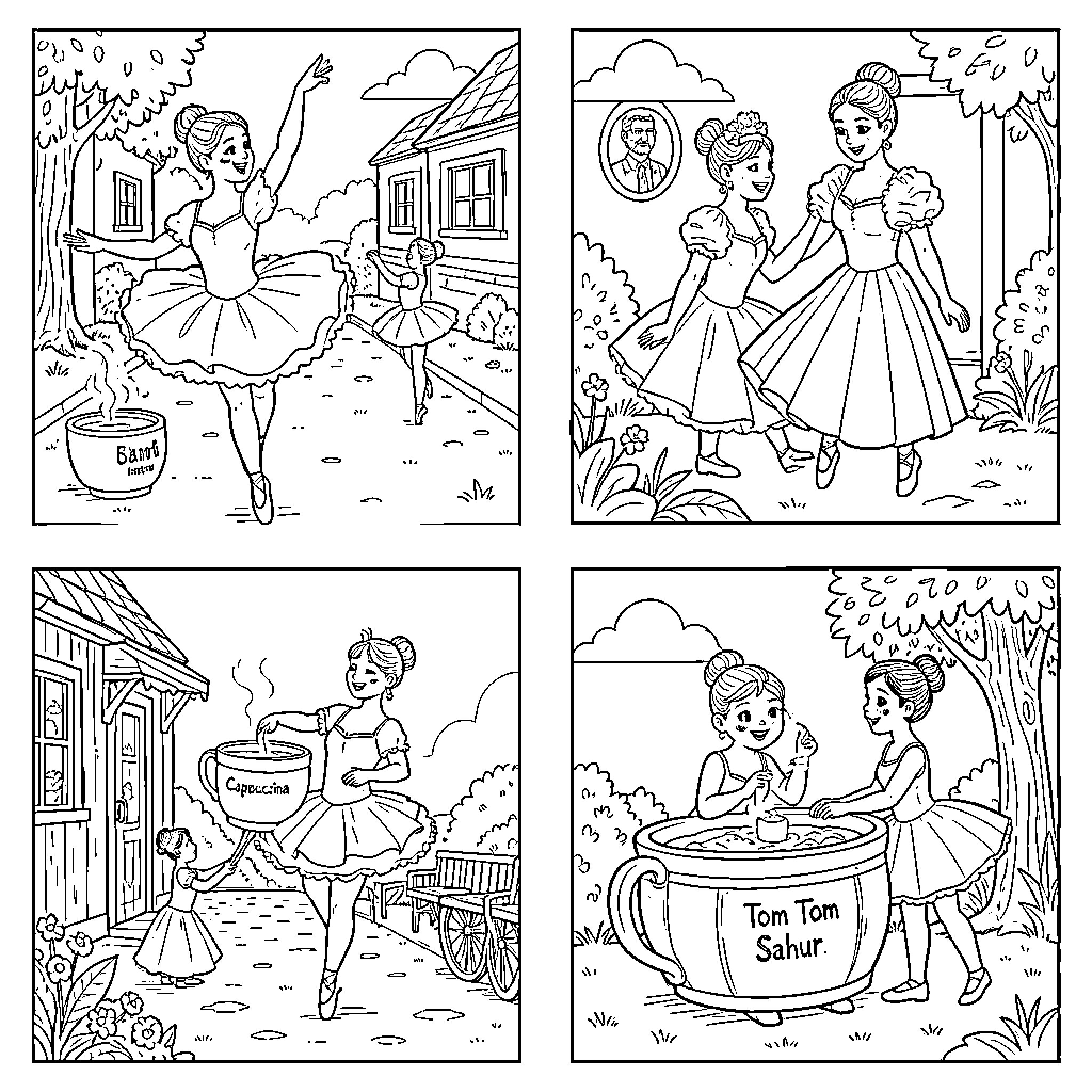 Ballerina dancing and playing joyfully in a garden setting Coloring Page (free black-and-white line drawing printable PDF for all, from beginners to advanced learners, including children, teens, adults, and seniors)