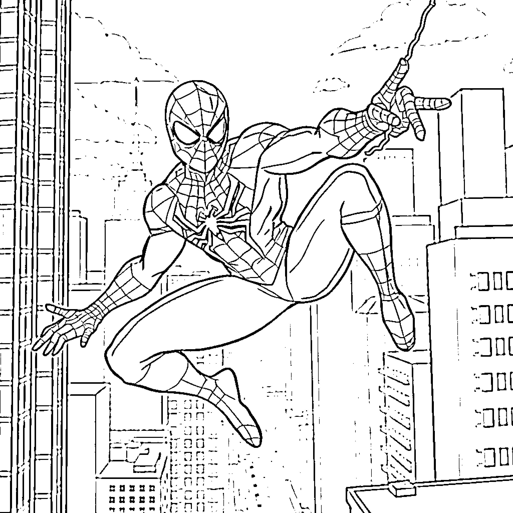 Spiderman swinging through the city Coloring Page (free black-and-white line drawing printable PDF for all, from beginners to advanced learners, including children, teens, adults, and seniors)