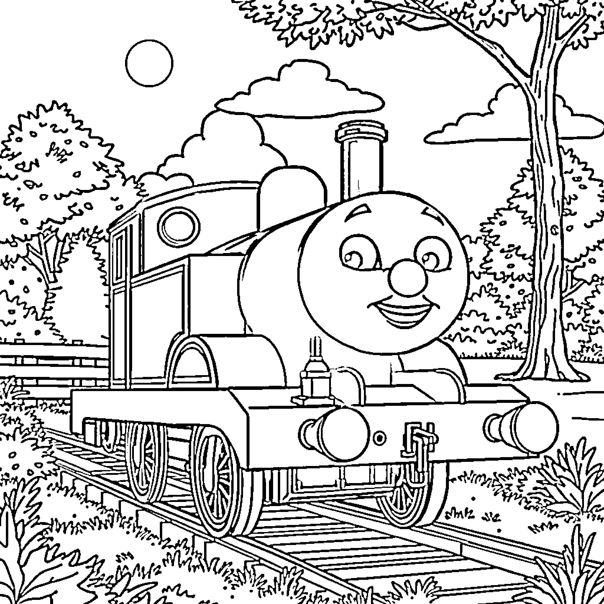 Thomas Train Enjoys Scenic Railroad Journey Coloring Page (free black-and-white line drawing printable PDF for all, from beginners to advanced learners, including children, teens, adults, and seniors)