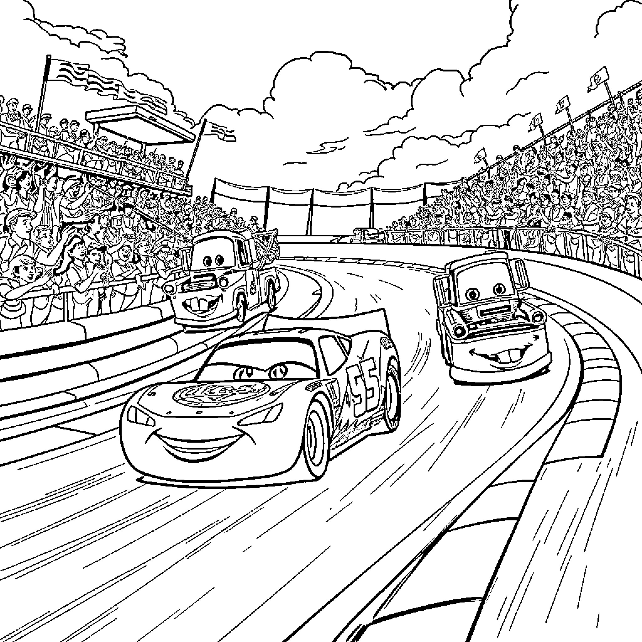 Cars racing on a track surrounded by enthusiastic crowd Coloring Page (free black-and-white line drawing printable PDF for all, from beginners to advanced learners, including children, teens, adults, and seniors)