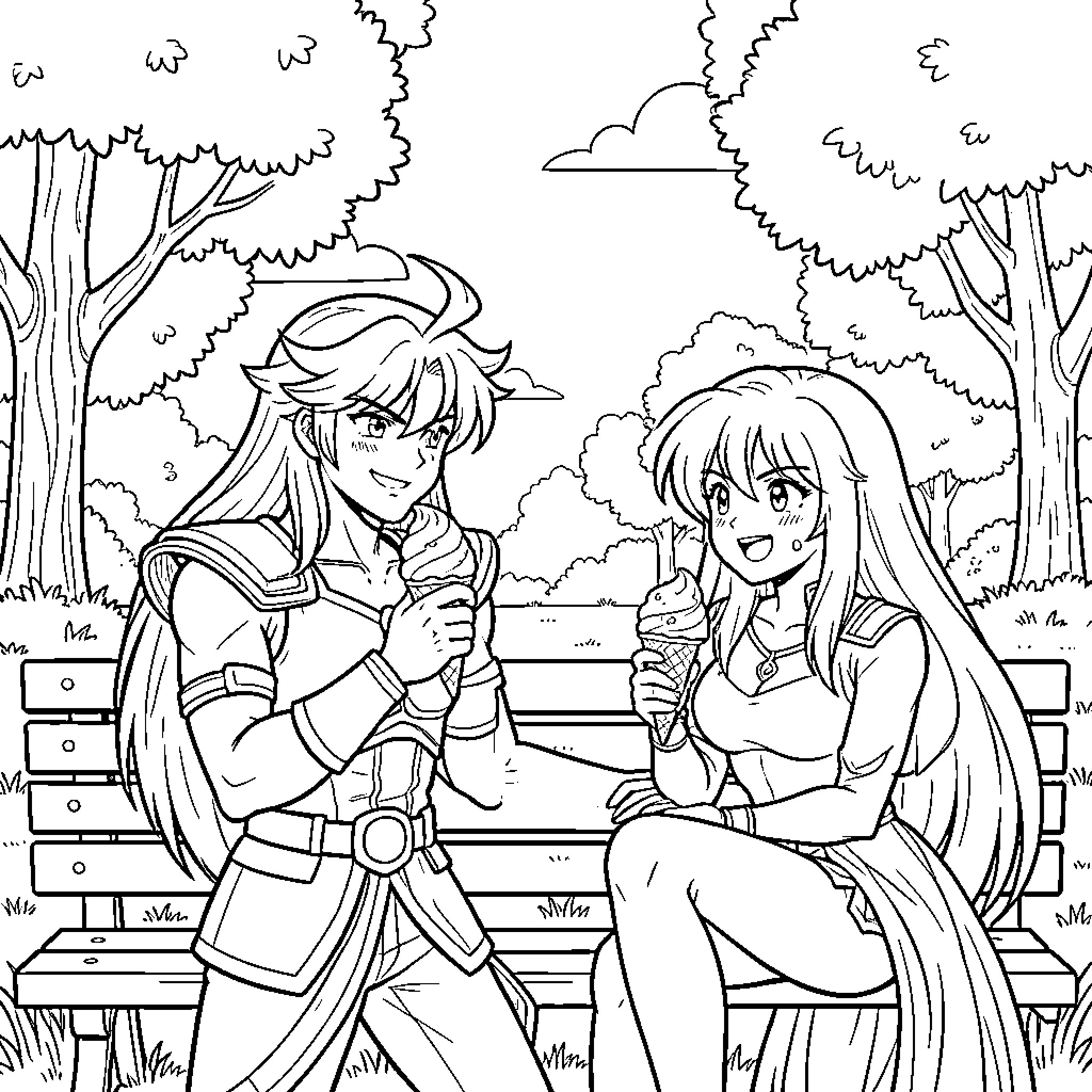Saint Seiya: Friends enjoying relaxing moments in nature Coloring Page (free black-and-white line drawing printable PDF for all, from beginners to advanced learners, including children, teens, adults, and seniors)