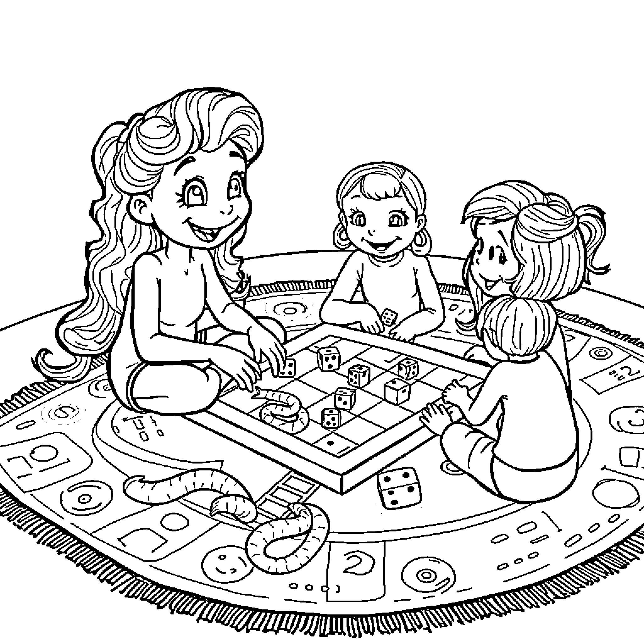 Bluey and friends enjoy a board game together Coloring Page (free black-and-white line drawing printable PDF for all, from beginners to advanced learners, including children, teens, adults, and seniors)