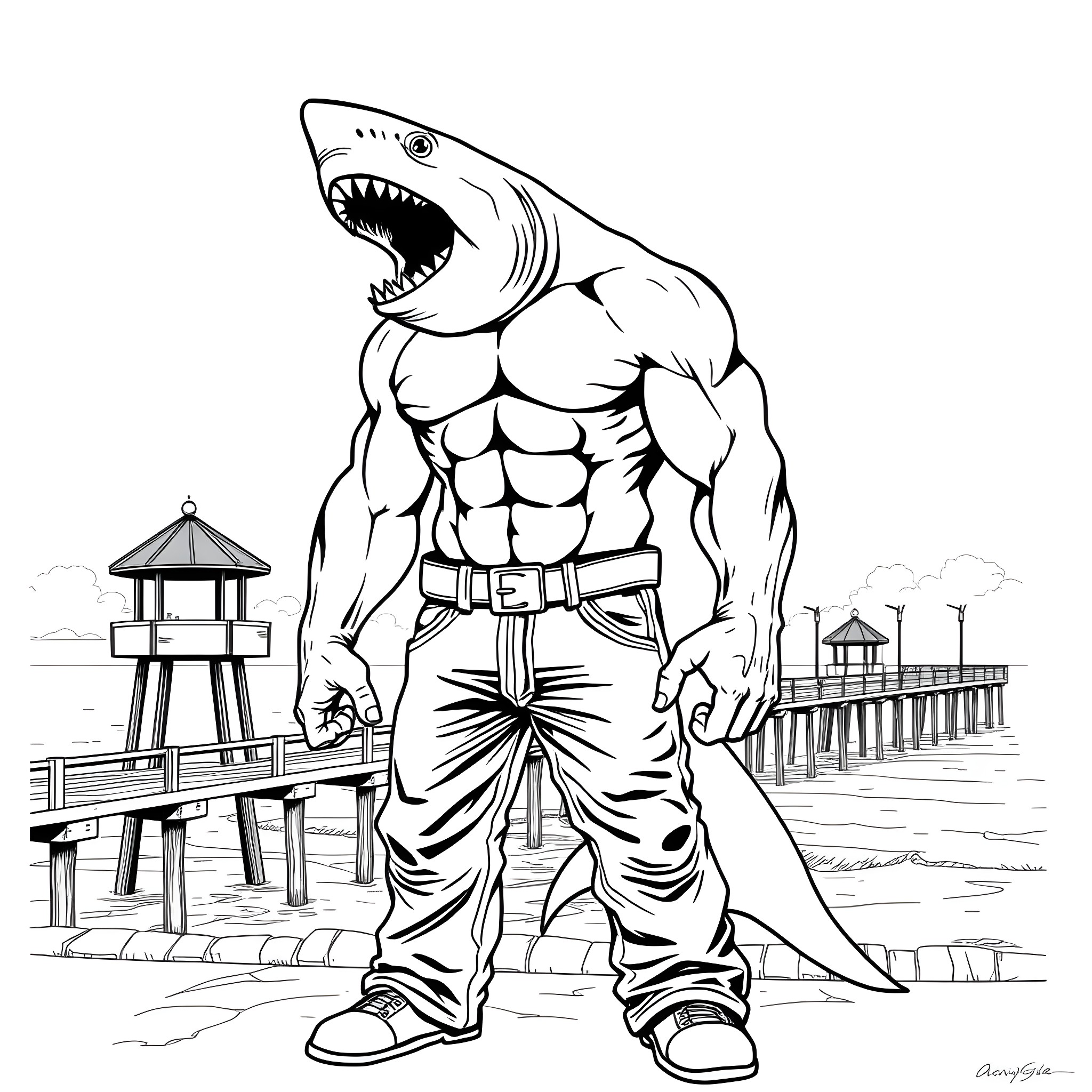 Shark warrior standing tall on the beach Coloring Page (free black-and-white line drawing printable PDF for all, from beginners to advanced learners, including children, teens, adults, and seniors)