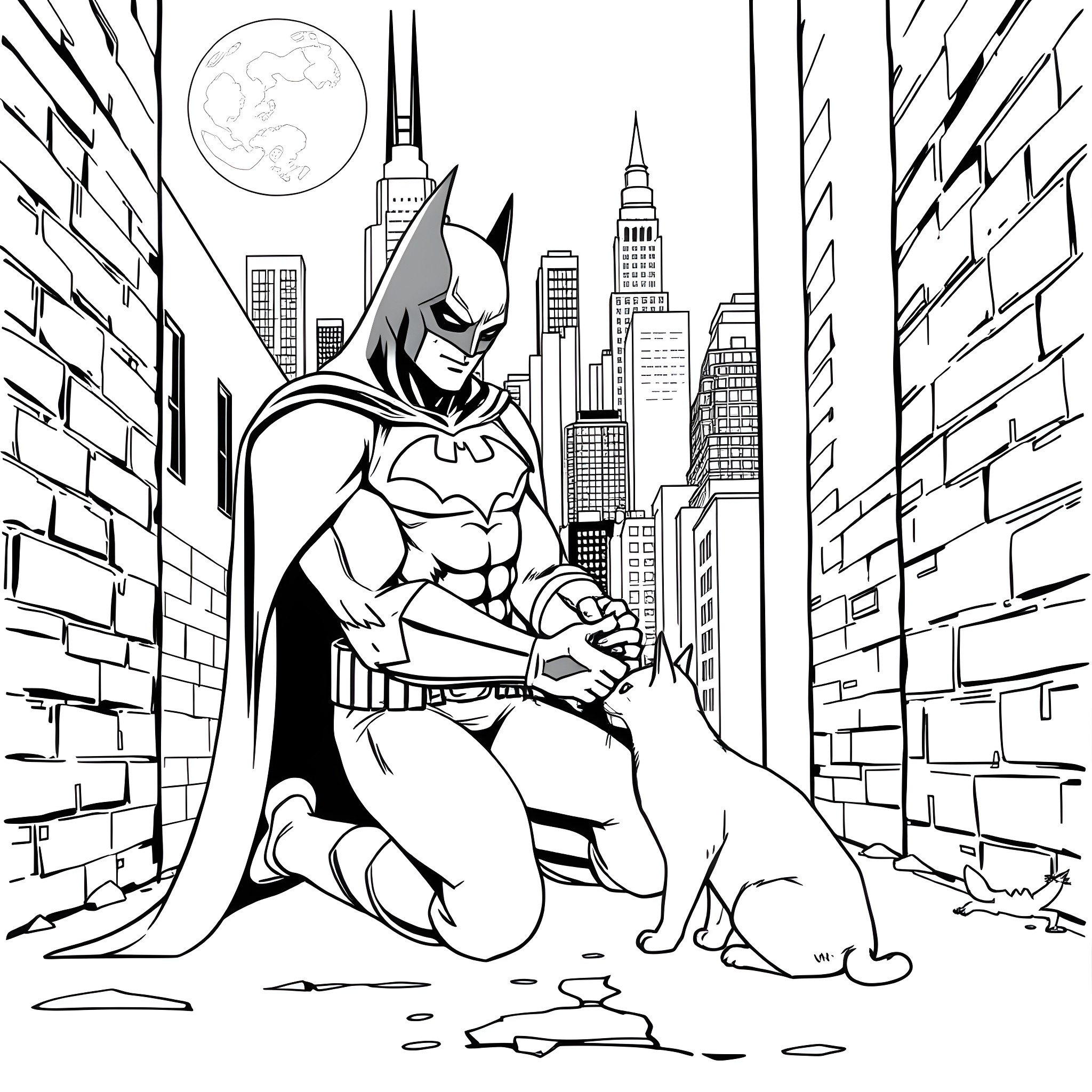 Batman surveying the city at night Coloring Page (free black-and-white line drawing printable PDF for all, from beginners to advanced learners, including children, teens, adults, and seniors)