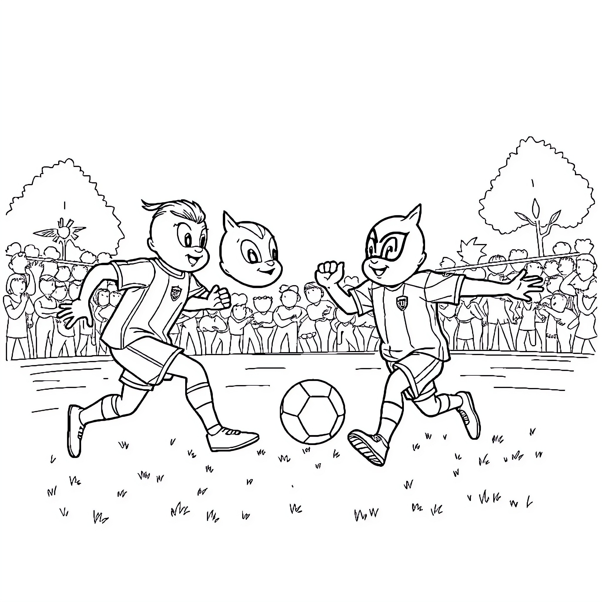 Paw Patrol characters playing soccer on the field Coloring Page (free black-and-white line drawing printable PDF for all, from beginners to advanced learners, including children, teens, adults, and seniors)