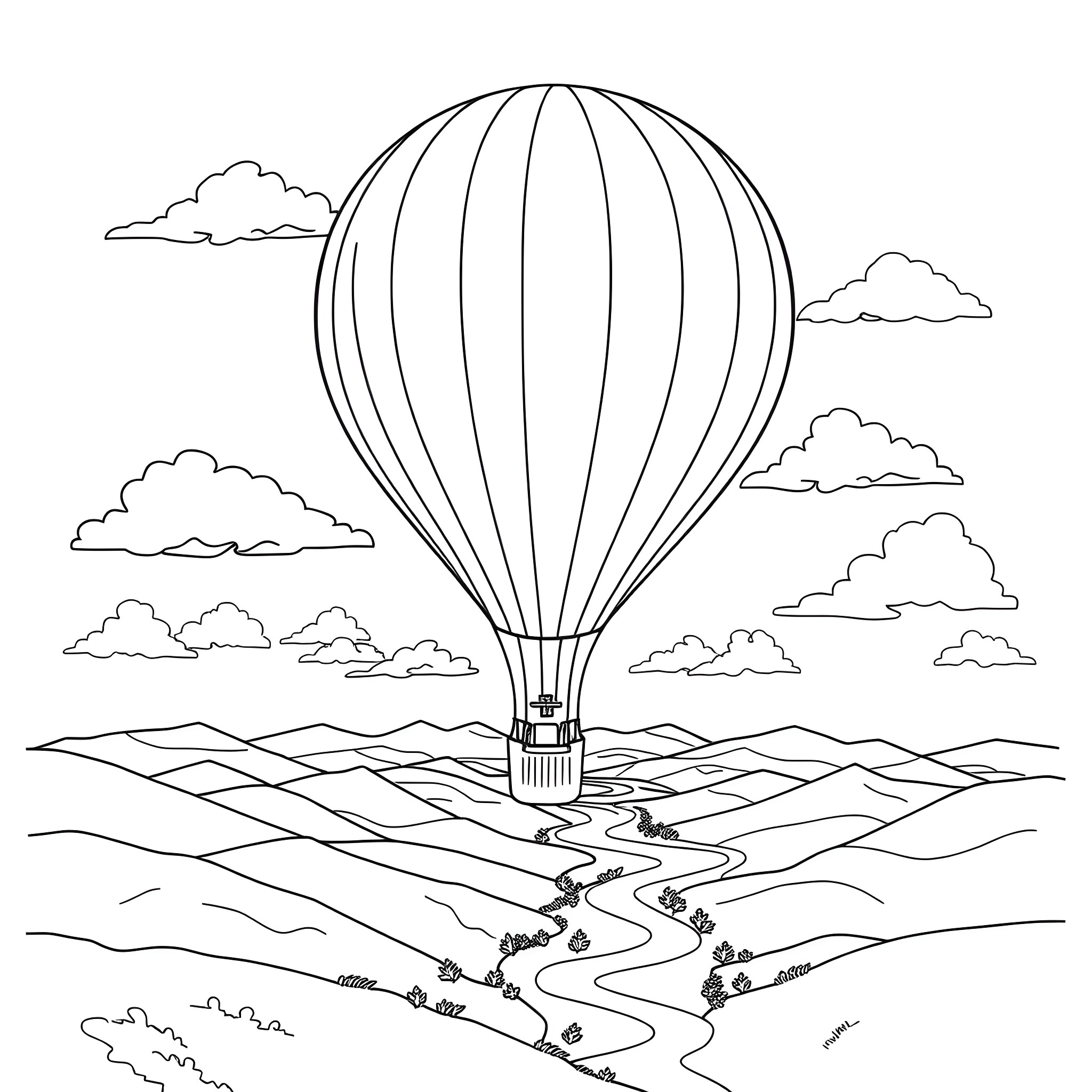 Hot Air Balloon floating over the peaceful countryside Coloring Page (free black-and-white line drawing printable PDF for all, from beginners to advanced learners, including children, teens, adults, and seniors)