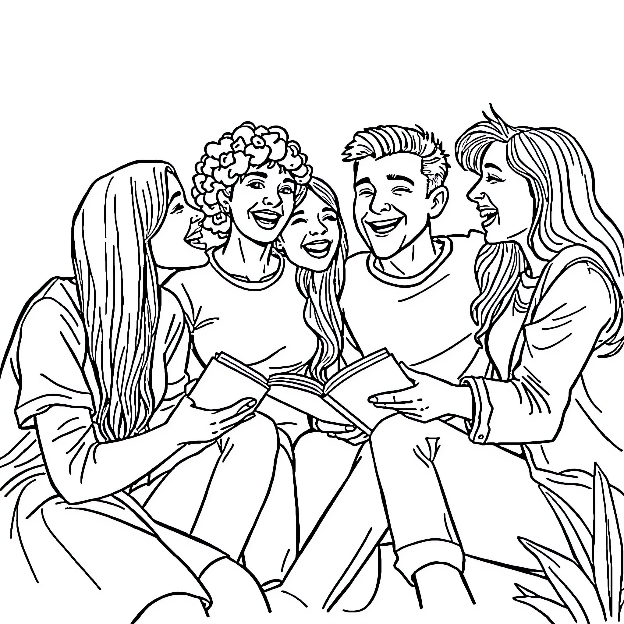 Friend Group Laughing and Bonding Together Coloring Page (free black-and-white line drawing printable PDF for all, from beginners to advanced learners, including children, teens, adults, and seniors)