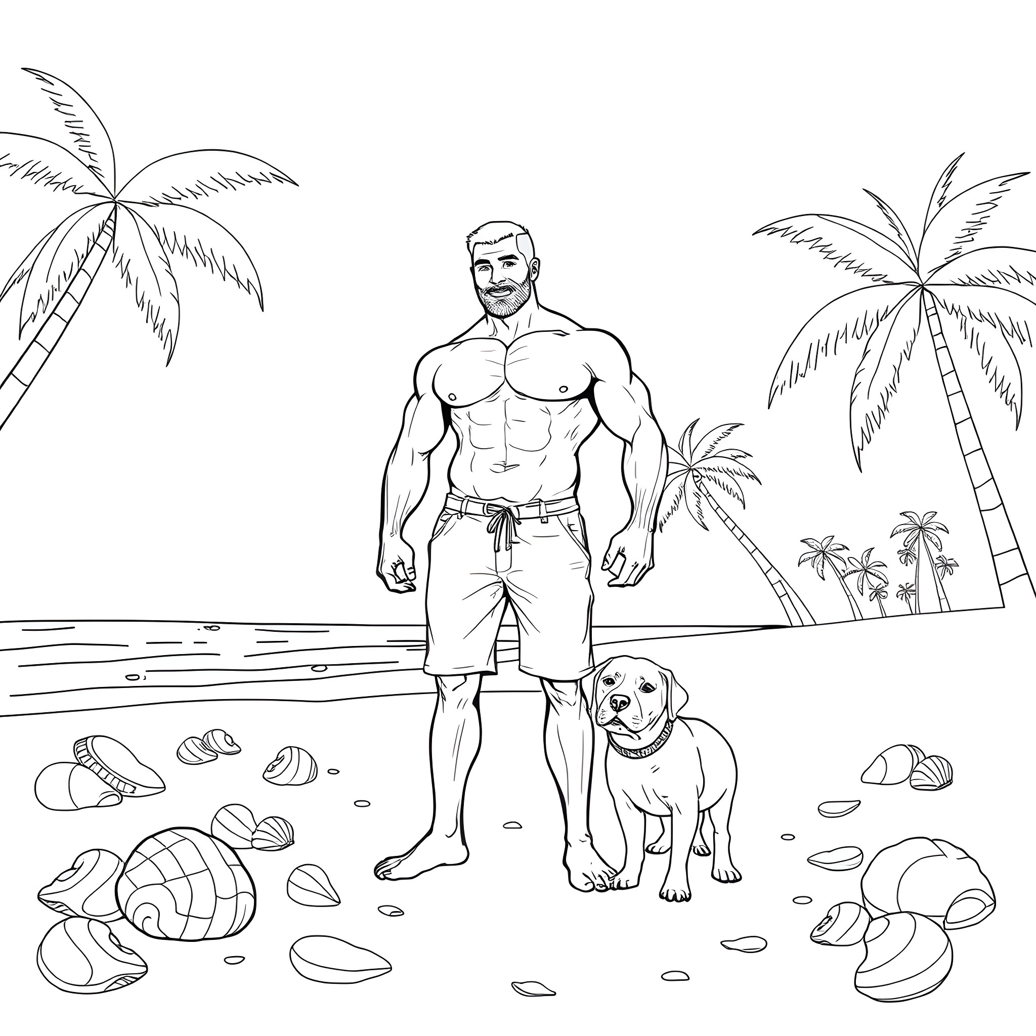 Man enjoying beach day with pet dog Coloring Page (free black-and-white line drawing printable PDF for all, from beginners to advanced learners, including children, teens, adults, and seniors)