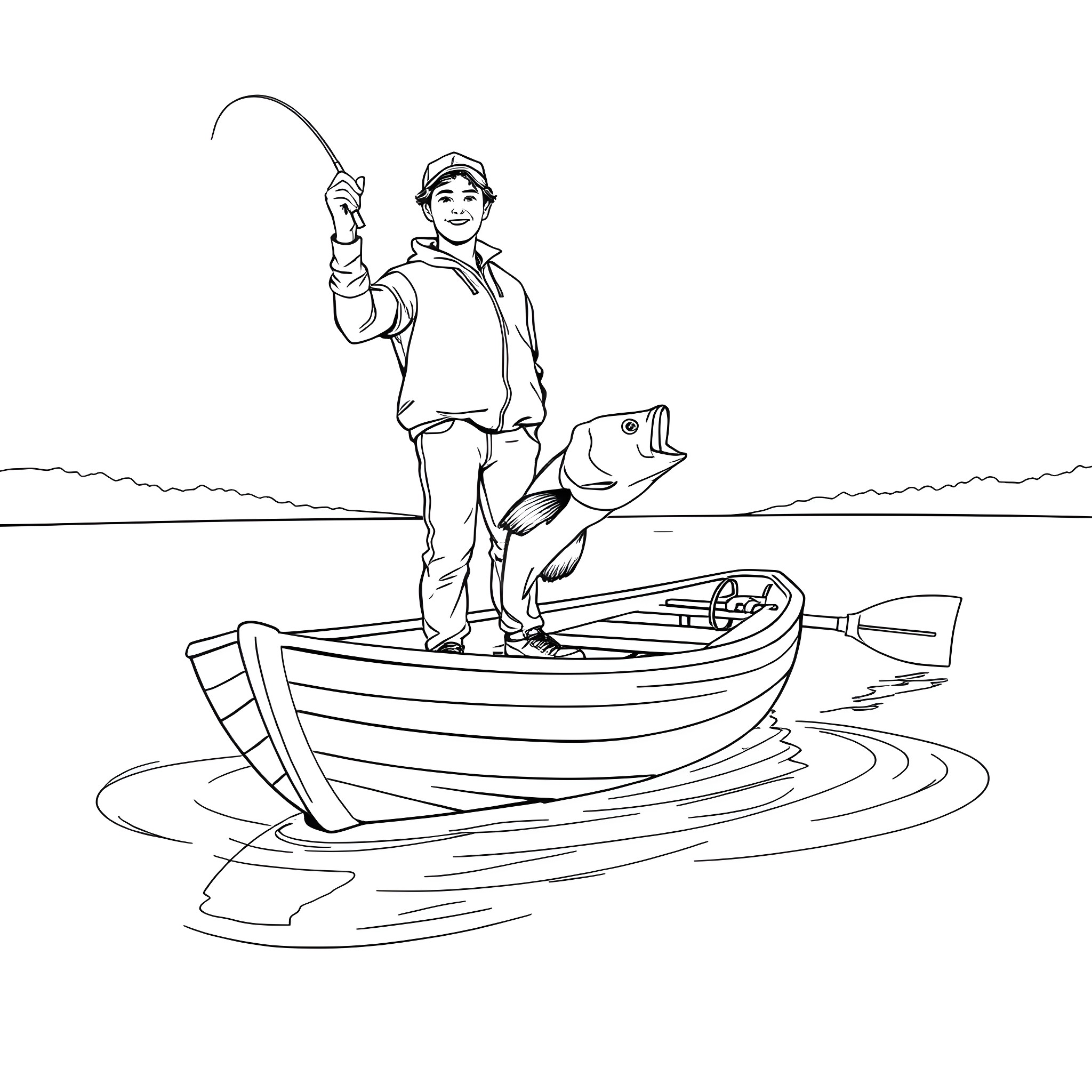 Guy fishing for a big catch in a wooden boat Coloring Page (free black-and-white line drawing printable PDF for all, from beginners to advanced learners, including children, teens, adults, and seniors)