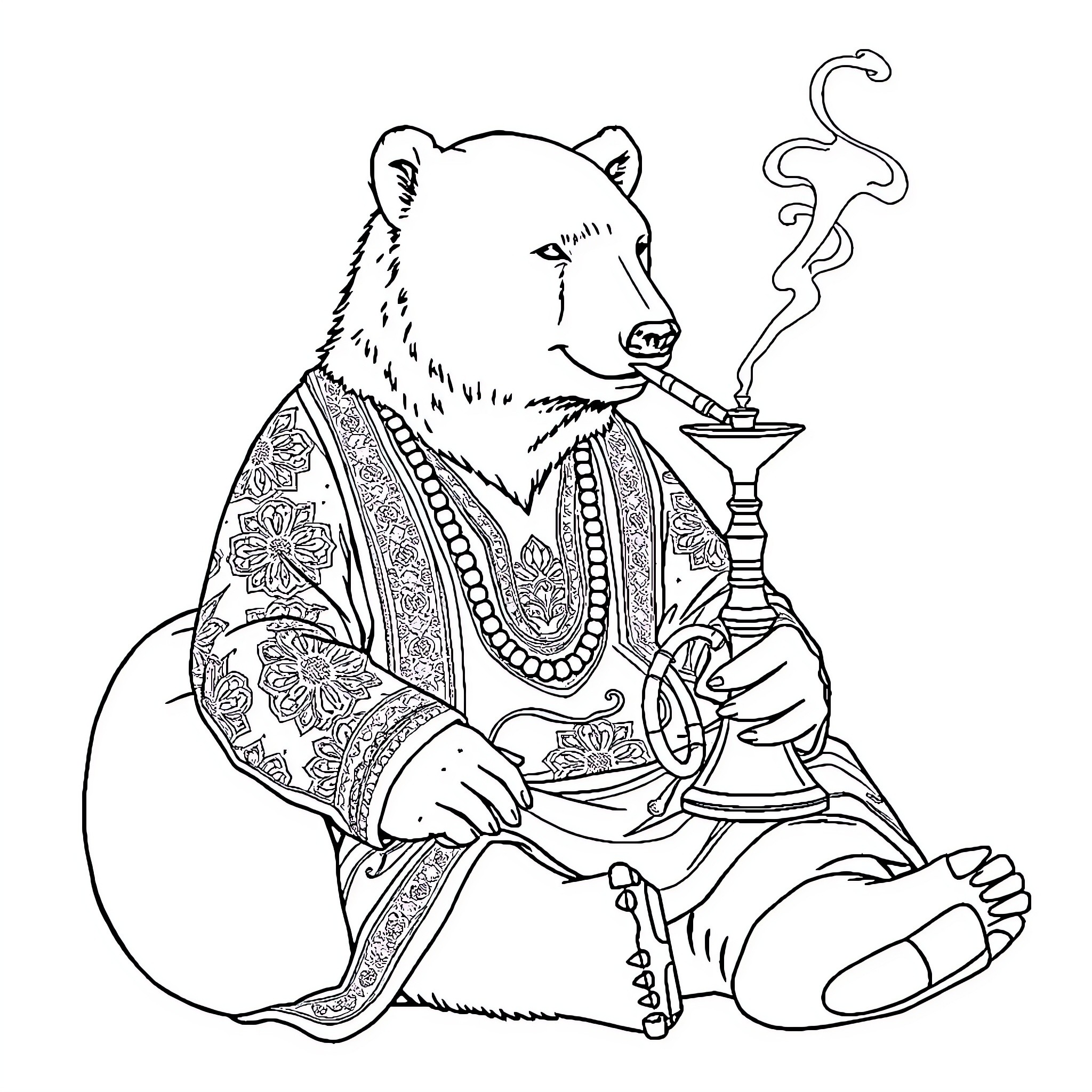 Polar Bear Smoking Hookah in Ornate Clothing Coloring Page (free black-and-white line drawing printable PDF for all, from beginners to advanced learners, including children, teens, adults, and seniors)