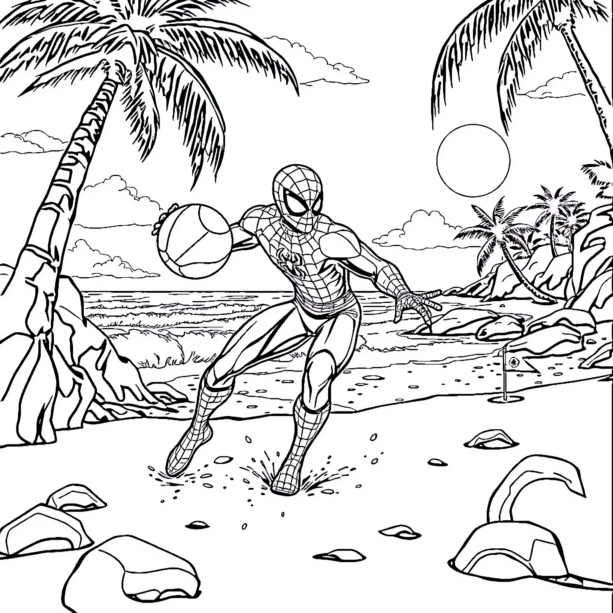 Spiderman swinging through a tropical beach paradise Coloring Page (free black-and-white line drawing printable PDF for all, from beginners to advanced learners, including children, teens, adults, and seniors)