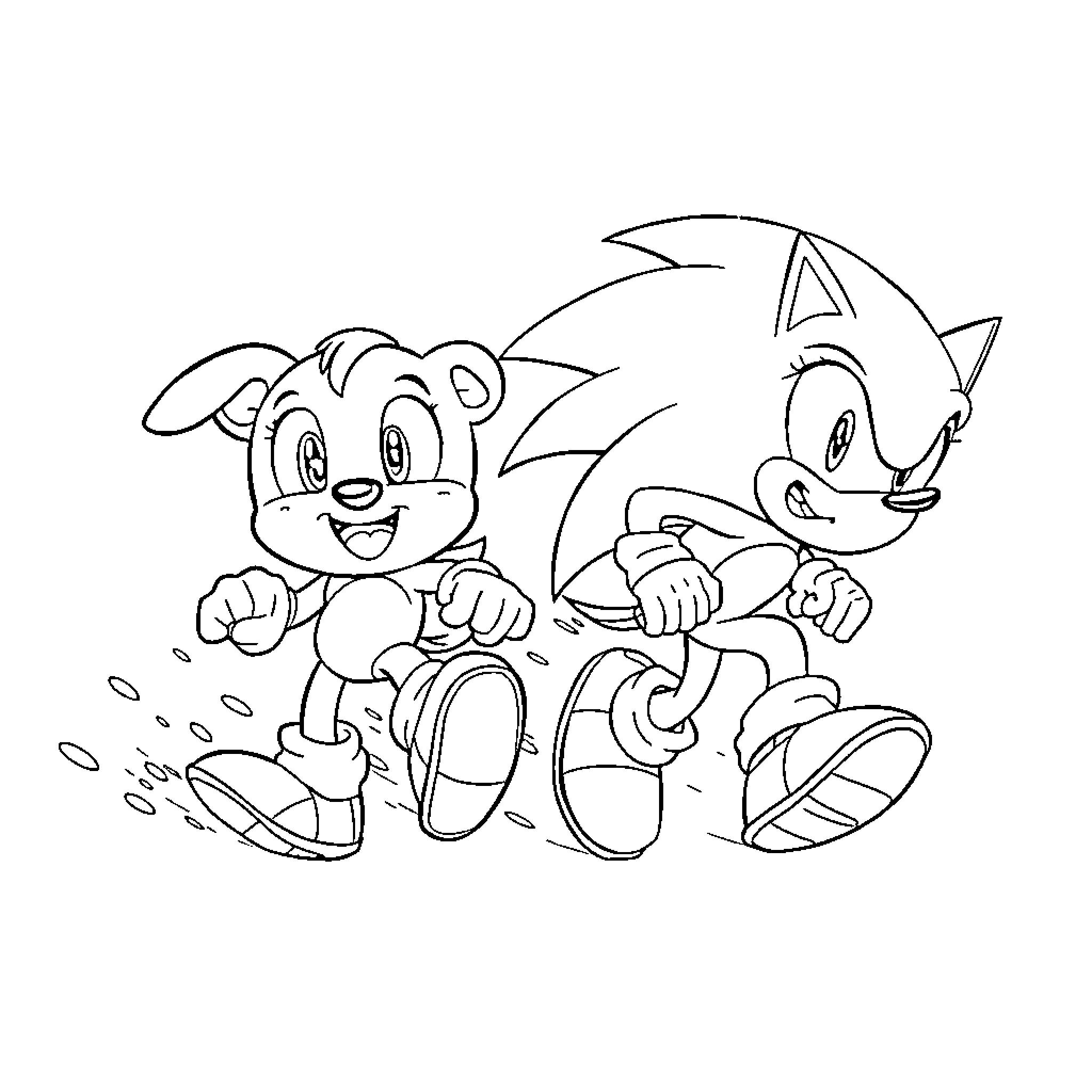 Bluey and Sonic Running Joyfully Coloring Page (free black-and-white line drawing printable PDF for all, from beginners to advanced learners, including children, teens, adults, and seniors)