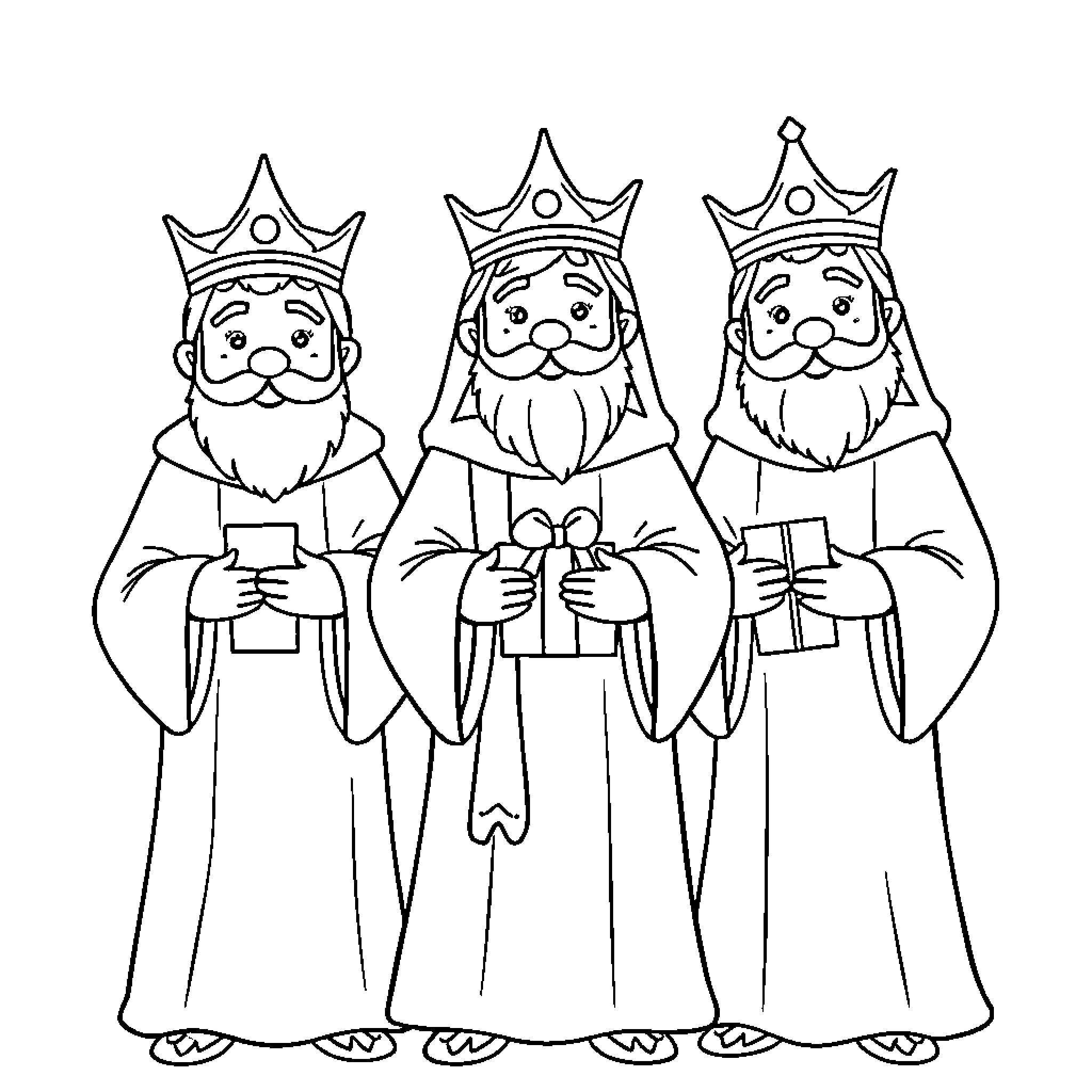 Wise Men in Ceremonial Attire Coloring Page (free black-and-white line drawing printable PDF for all, from beginners to advanced learners, including children, teens, adults, and seniors)