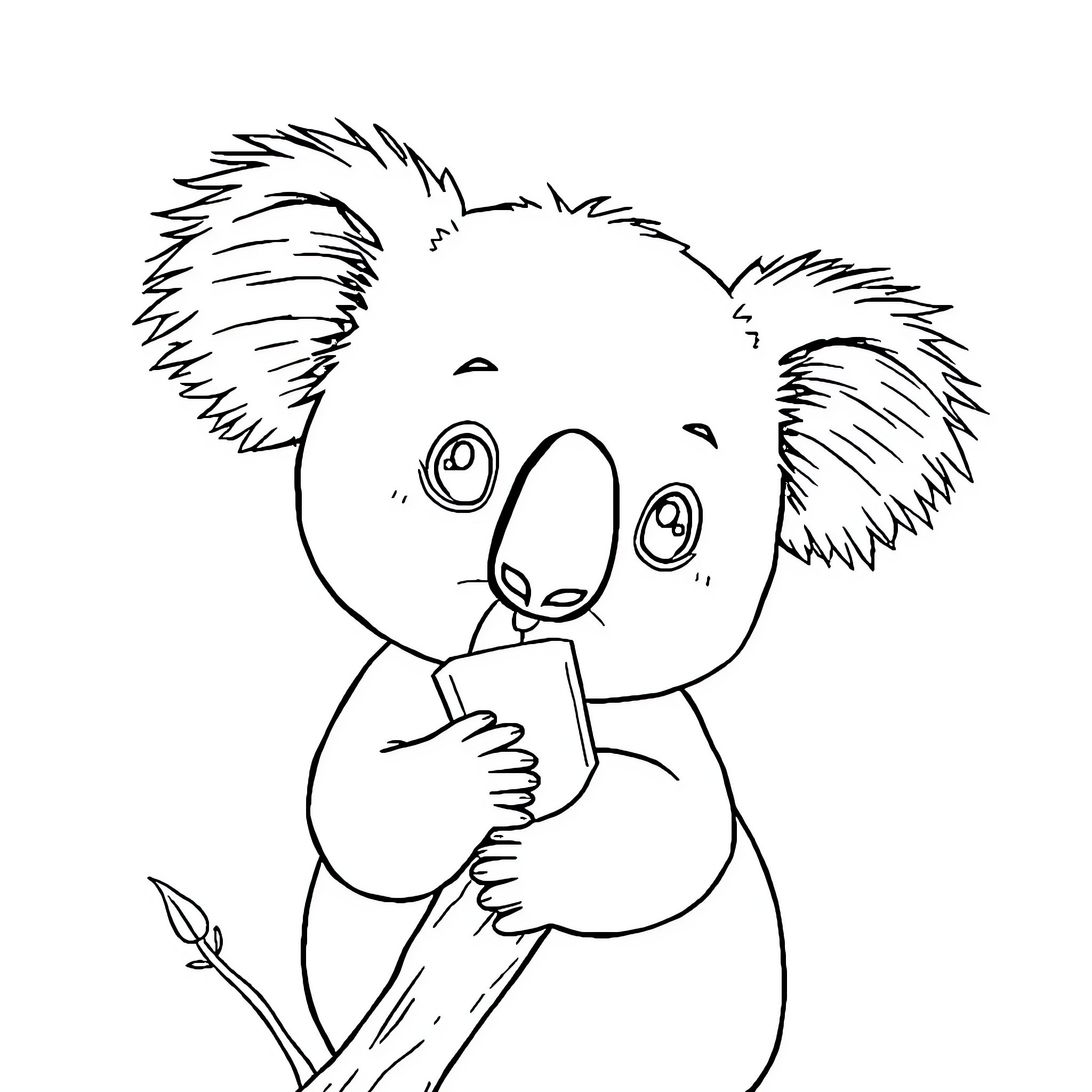 Koala hugging tree branch tenderly Coloring Page (free black-and-white line drawing printable PDF for all, from beginners to advanced learners, including children, teens, adults, and seniors)