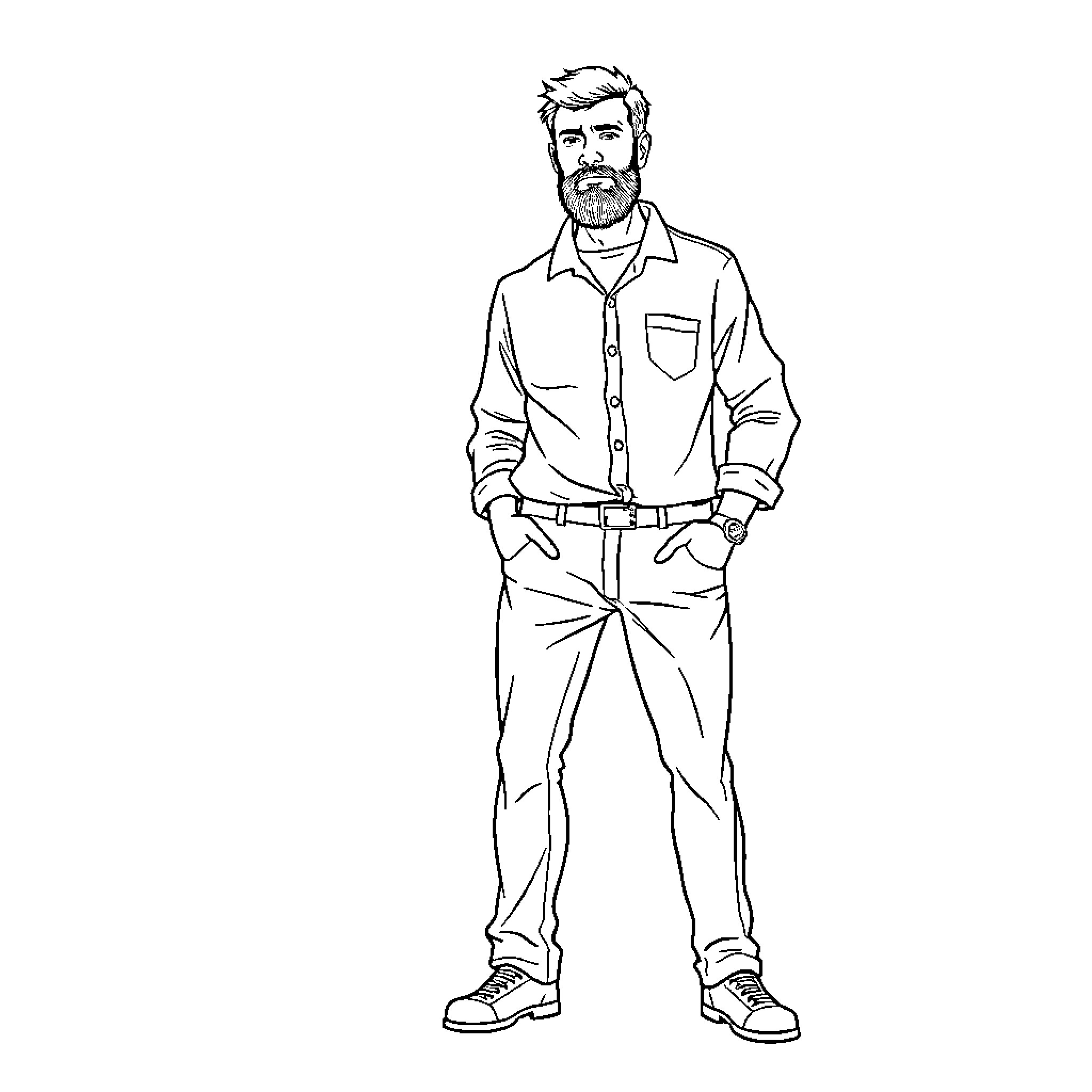 Man in casual outfit with hands in pockets Coloring Page (free black-and-white line drawing printable PDF for all, from beginners to advanced learners, including children, teens, adults, and seniors)