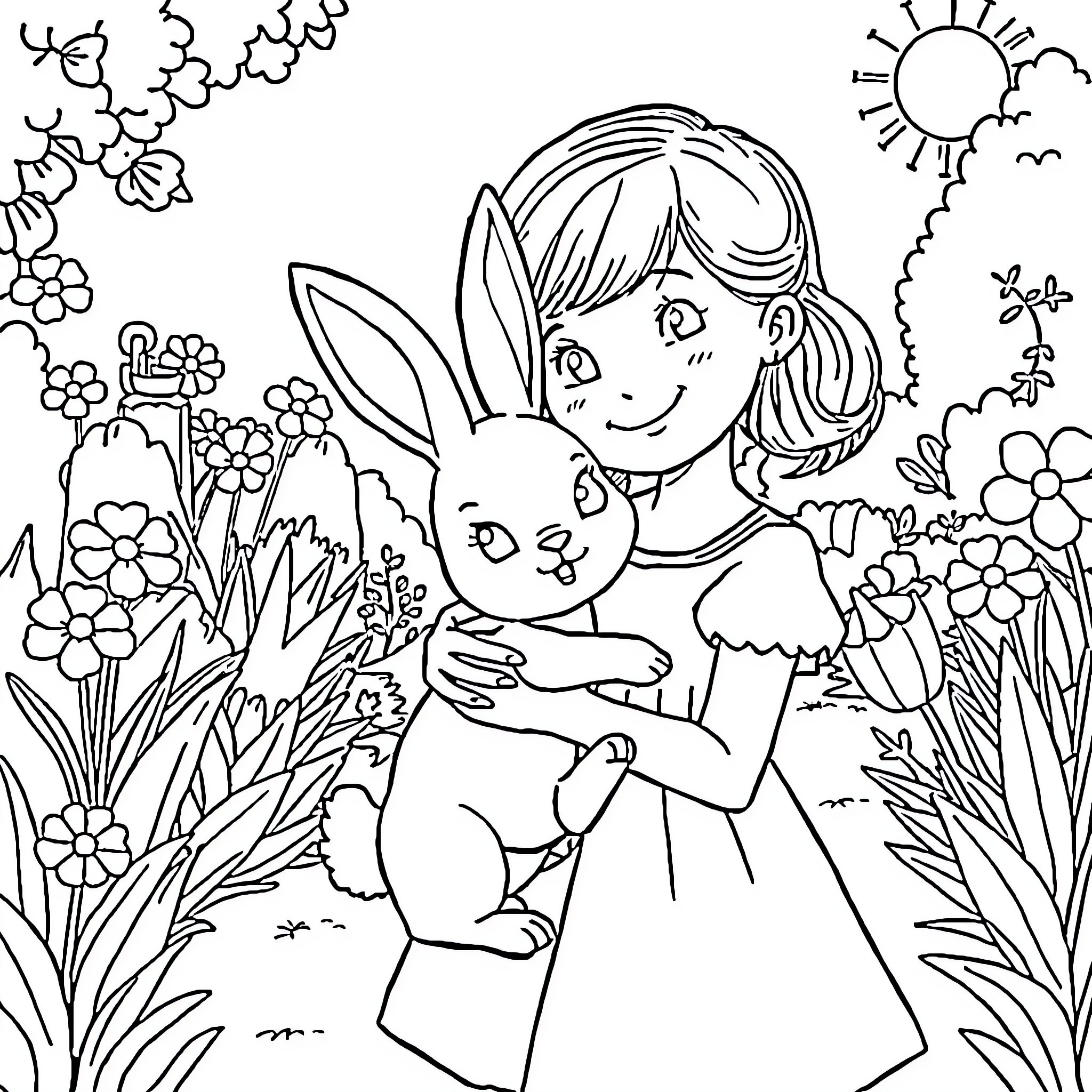 Bunny girl embracing pet bunny in garden Coloring Page (free black-and-white line drawing printable PDF for all, from beginners to advanced learners, including children, teens, adults, and seniors)