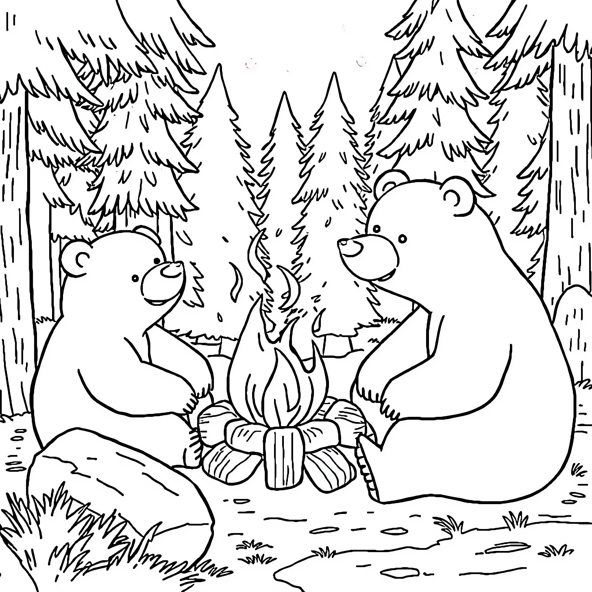 Bear enjoying a campfire in the forest Coloring Page (free black-and-white line drawing printable PDF for all, from beginners to advanced learners, including children, teens, adults, and seniors)