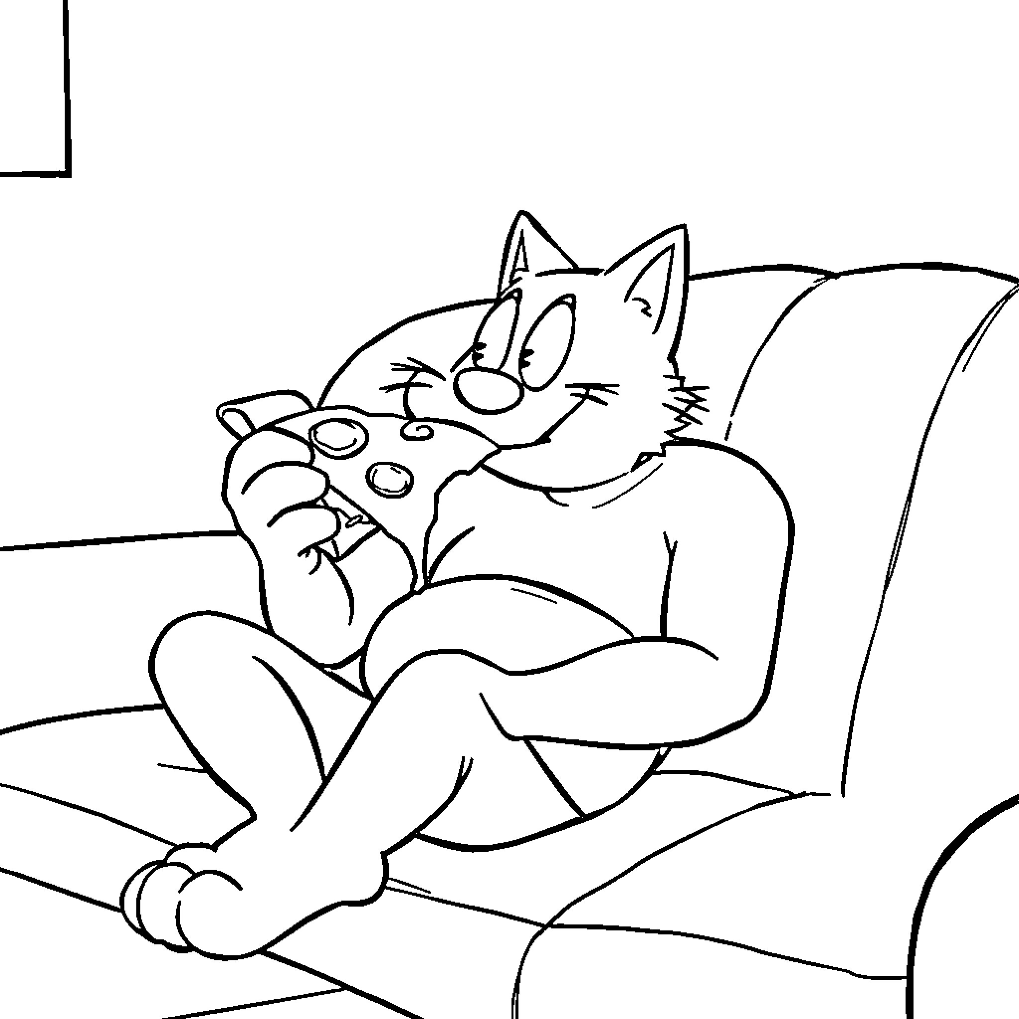 Tom Cardy relaxing on the couch with his pet Coloring Page (free black-and-white line drawing printable PDF for all, from beginners to advanced learners, including children, teens, adults, and seniors)