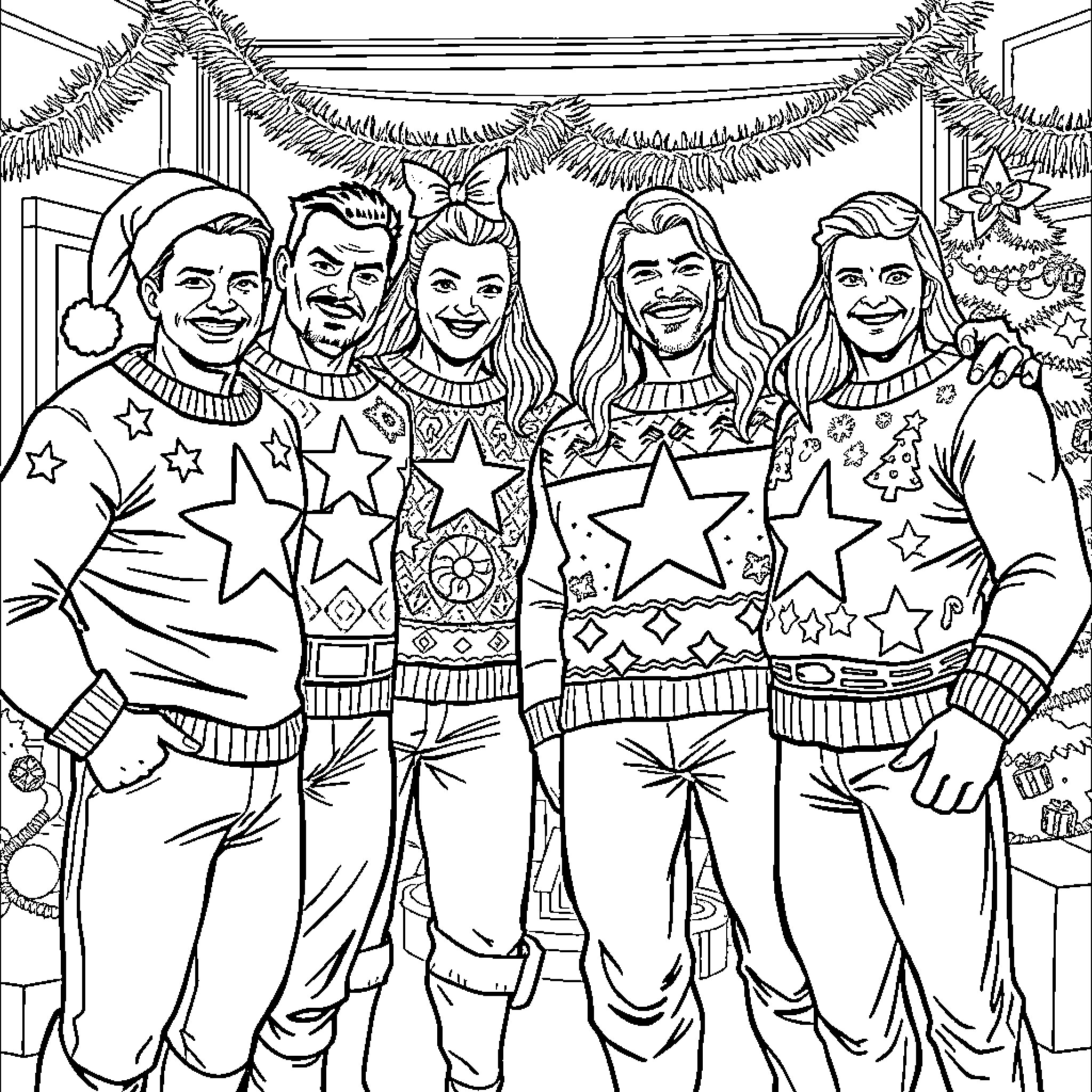 Avengers in festive sweaters celebrating the holidays Coloring Page (free black-and-white line drawing printable PDF for all, from beginners to advanced learners, including children, teens, adults, and seniors)