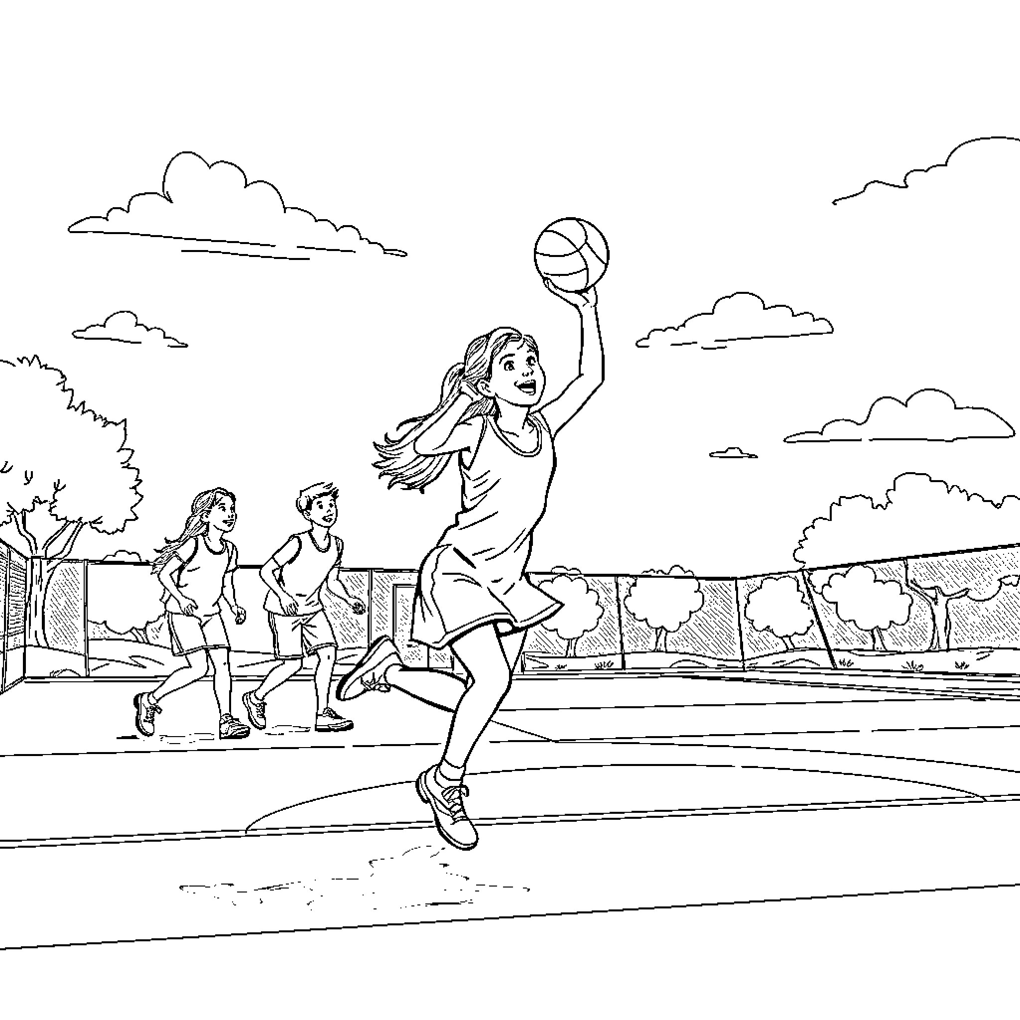 Girl Playing Basketball with Friends Outdoors Coloring Page (free black-and-white line drawing printable PDF for all, from beginners to advanced learners, including children, teens, adults, and seniors)