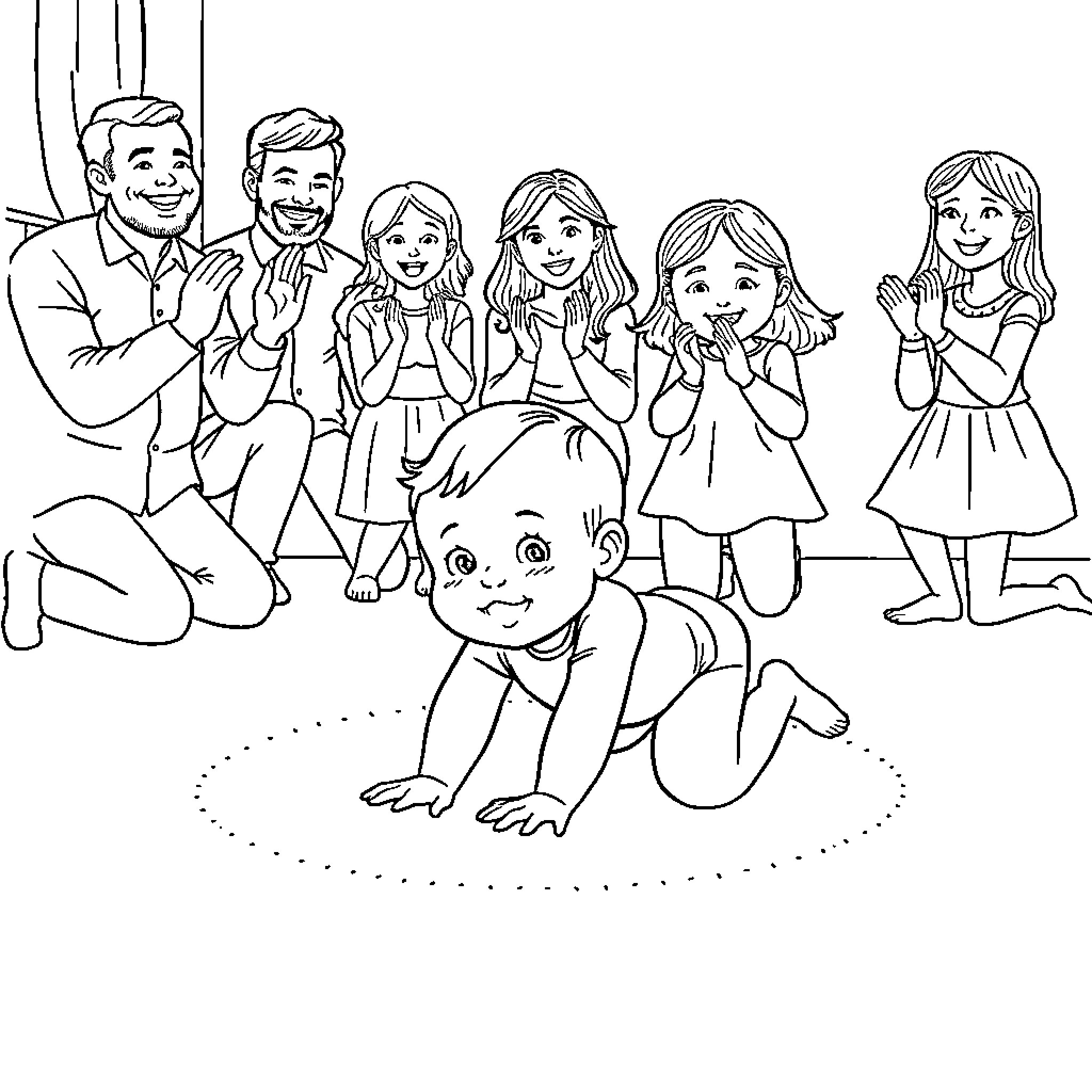 Baby playing with family members happily Coloring Page (free black-and-white line drawing printable PDF for all, from beginners to advanced learners, including children, teens, adults, and seniors)