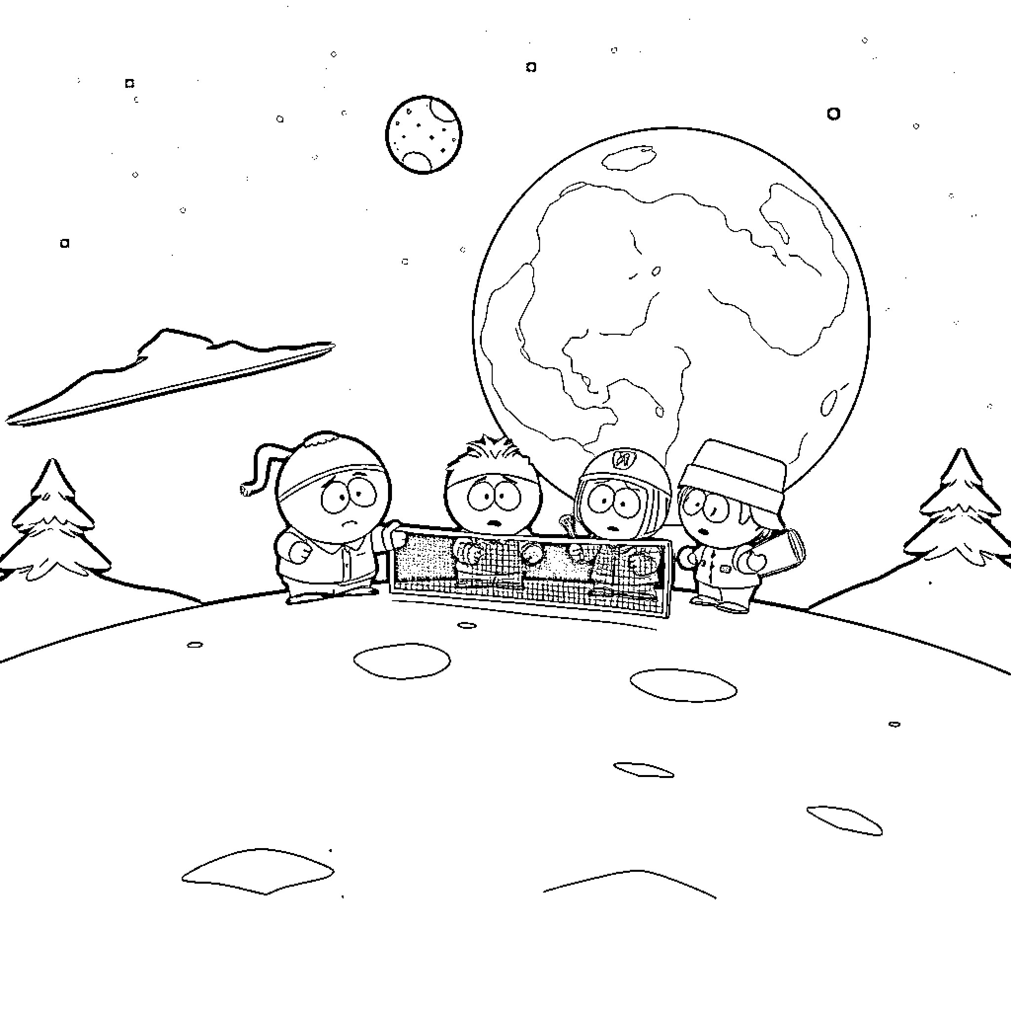 South Park Characters on a Snowy Expedition Coloring Page (free black-and-white line drawing printable PDF for all, from beginners to advanced learners, including children, teens, adults, and seniors)