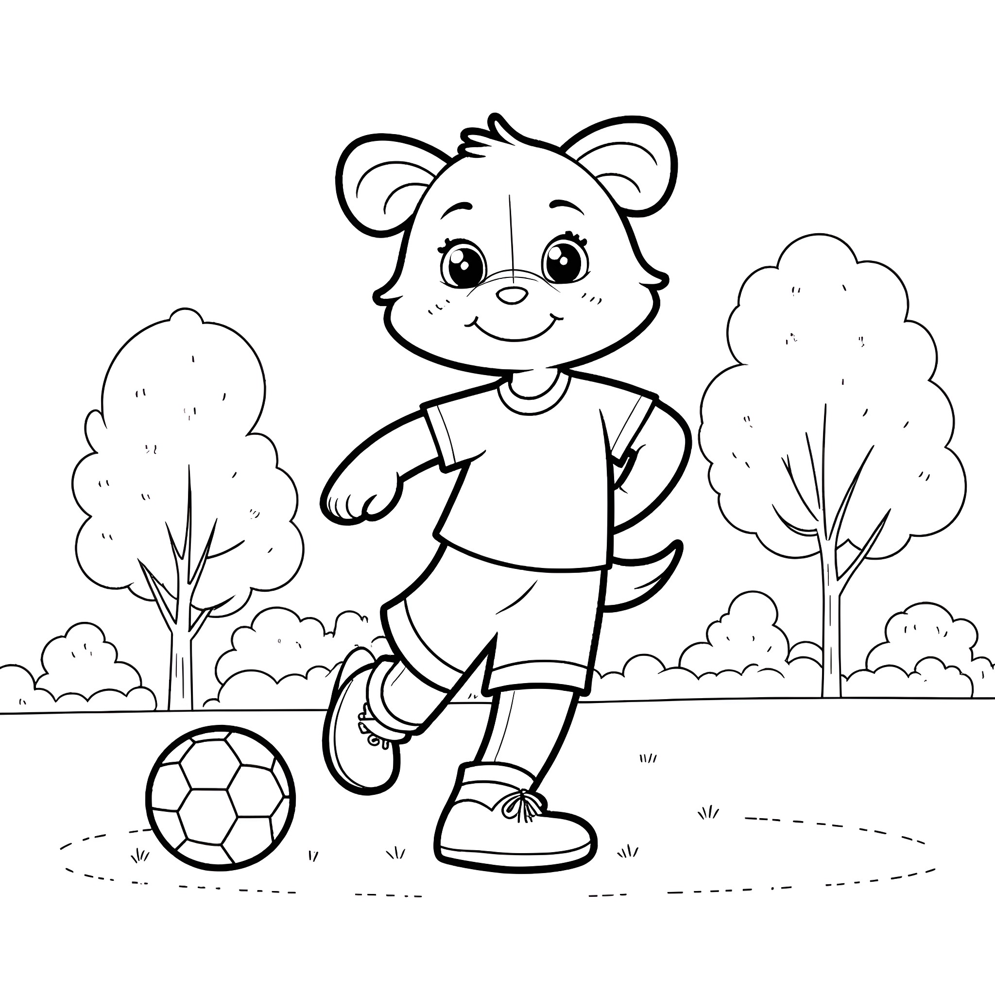 Bluey playing with a soccer ball in the park Coloring Page (free black-and-white line drawing printable PDF for all, from beginners to advanced learners, including children, teens, adults, and seniors)