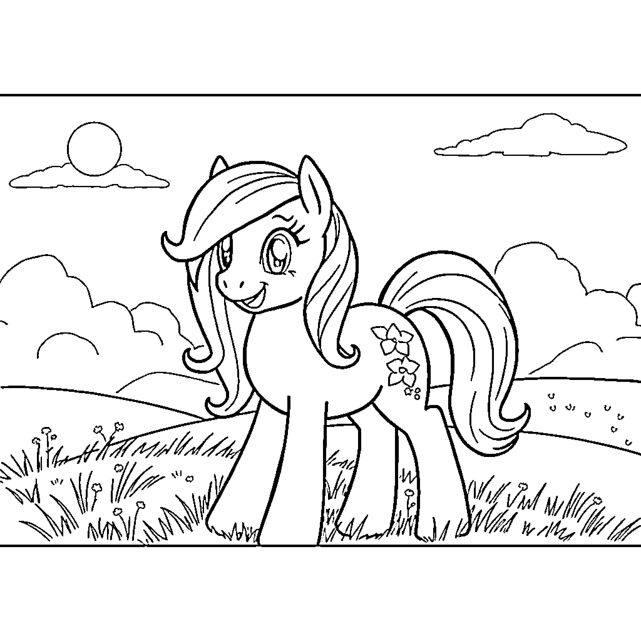 Macintosh Pony Enjoying Nature's Beauty Coloring Page (free black-and-white line drawing printable PDF for all, from beginners to advanced learners, including children, teens, adults, and seniors)