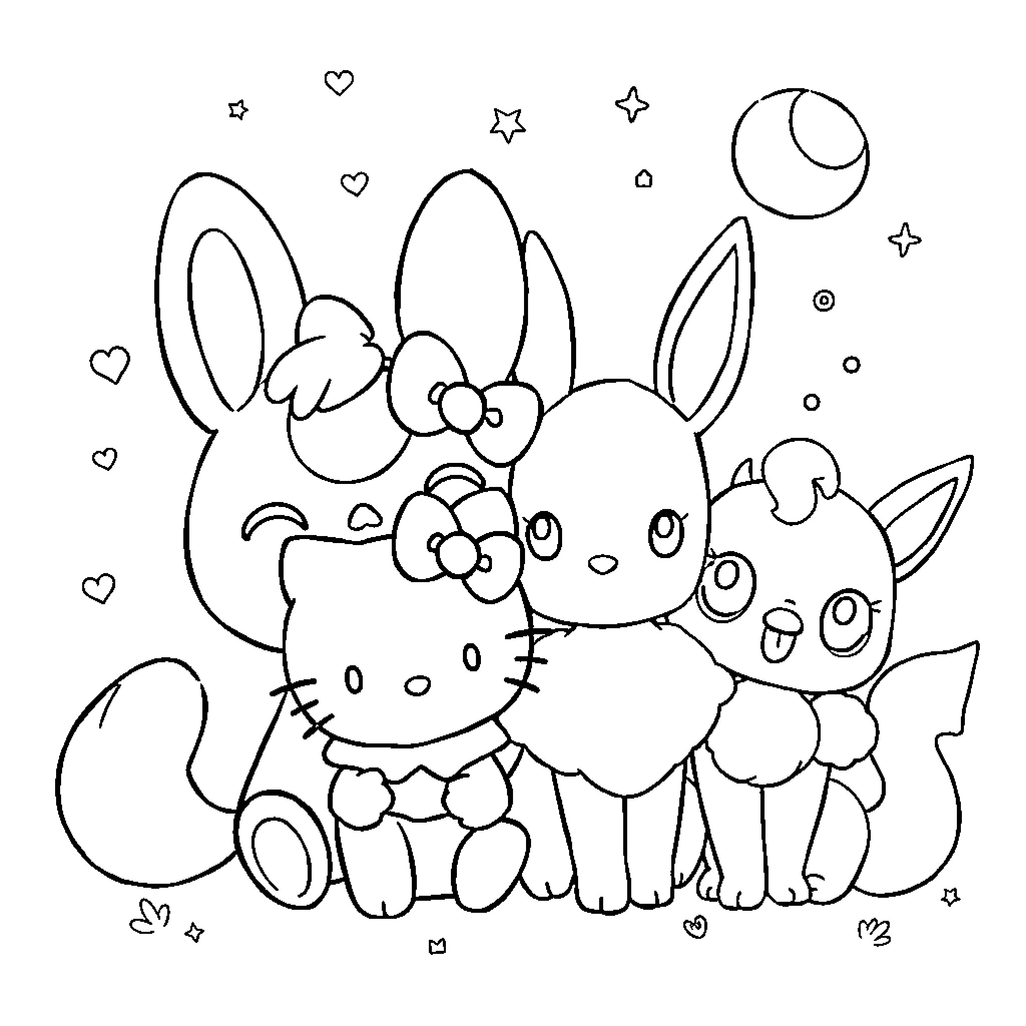 Cat friends in a whimsical scene Coloring Page (free black-and-white line drawing printable PDF for all, from beginners to advanced learners, including children, teens, adults, and seniors)