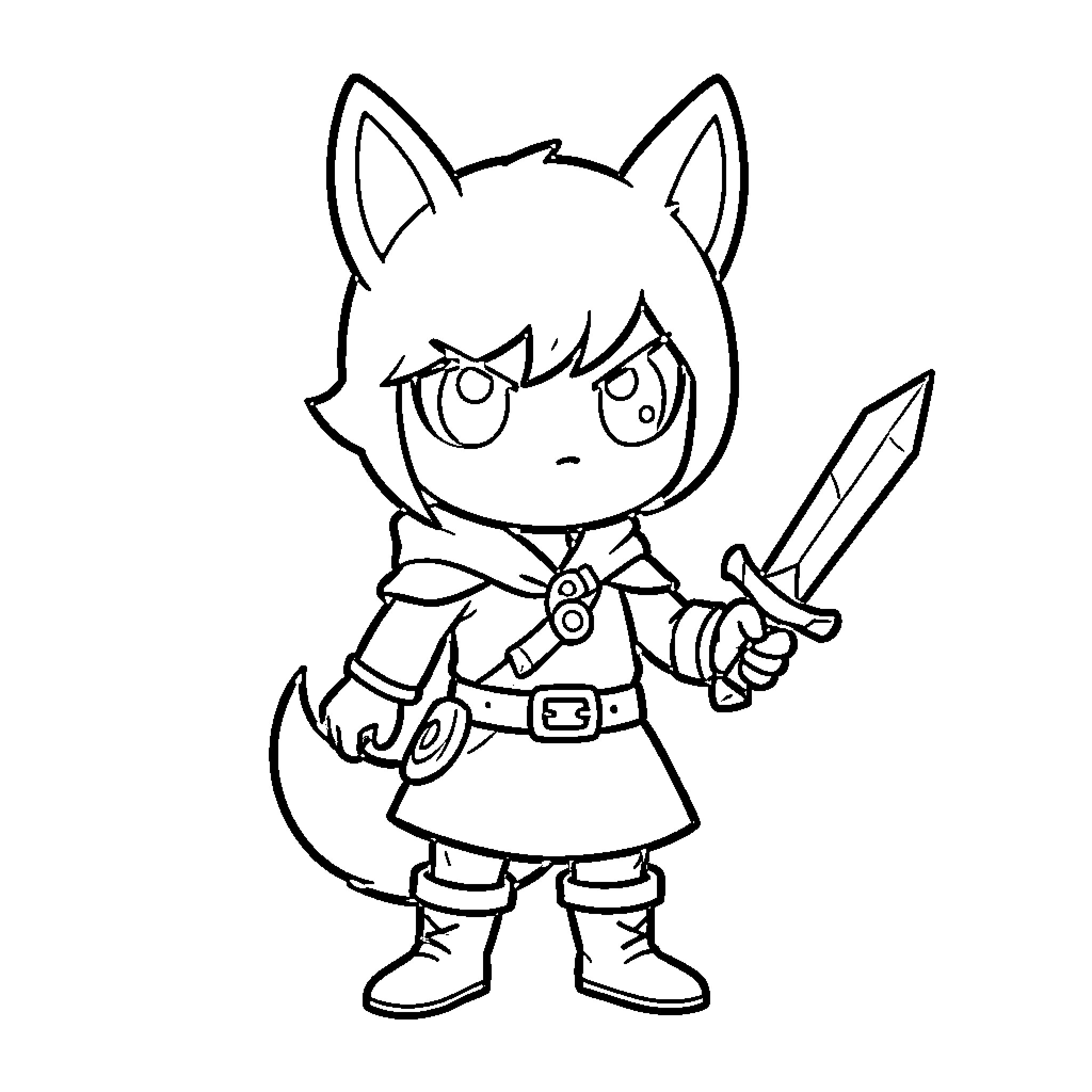 Caballero Anime-Style Character with Sword Coloring Page (free black-and-white line drawing printable PDF for all, from beginners to advanced learners, including children, teens, adults, and seniors)