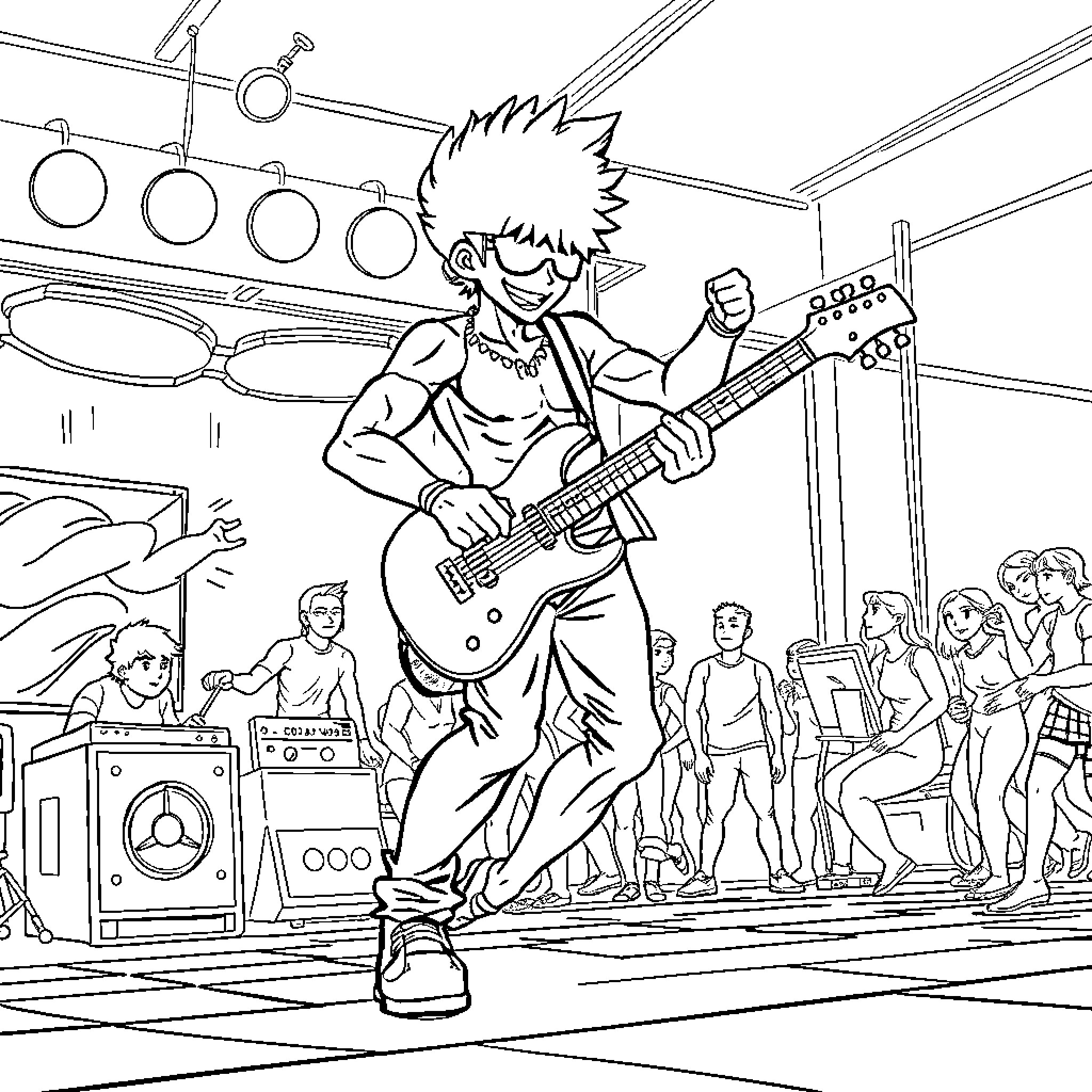 Saitama Performing Energetic Rock Concert Coloring Page (free black-and-white line drawing printable PDF for all, from beginners to advanced learners, including children, teens, adults, and seniors)