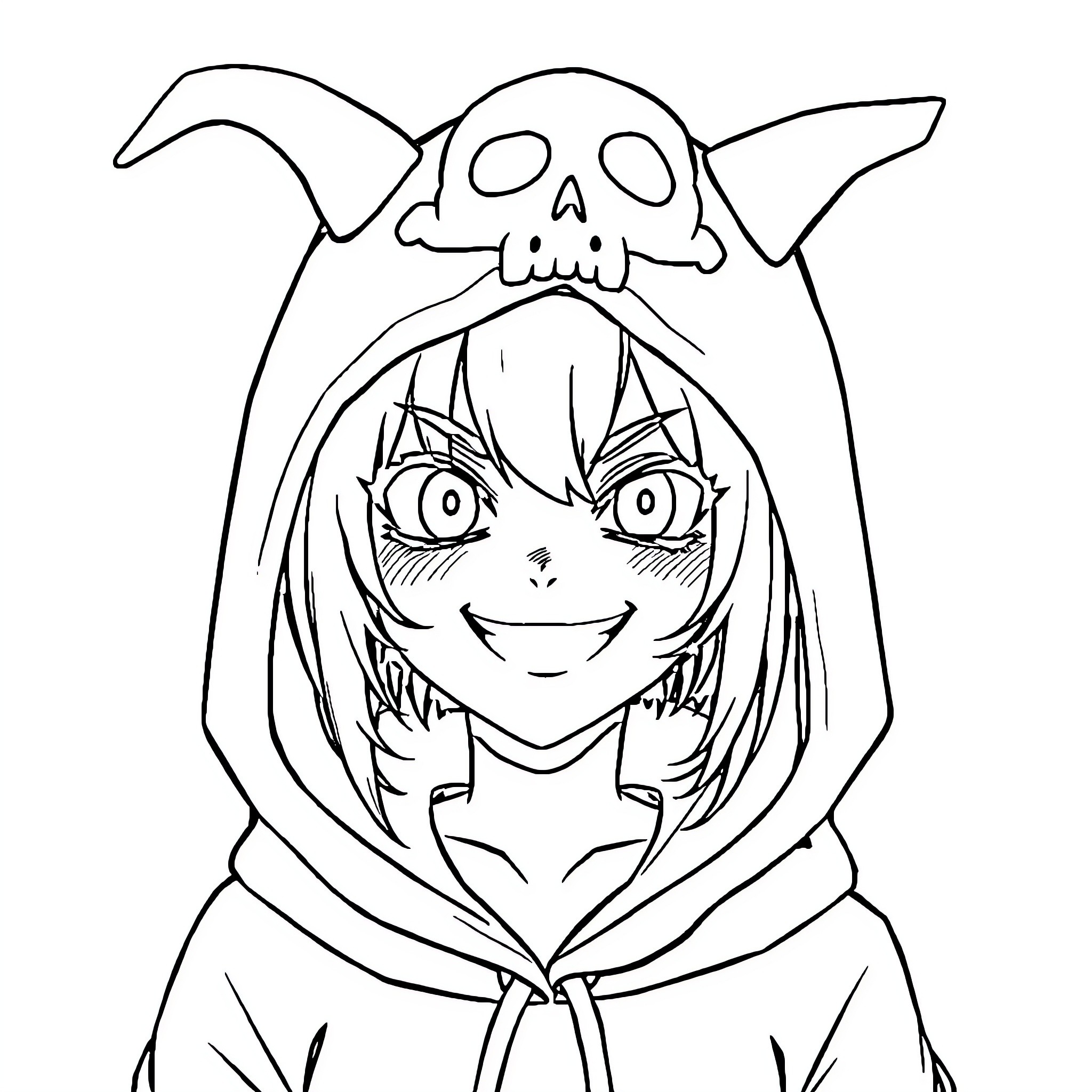 Kuromi's Mischievous Smile and Skull Hoodie Coloring Page (free black-and-white line drawing printable PDF for all, from beginners to advanced learners, including children, teens, adults, and seniors)