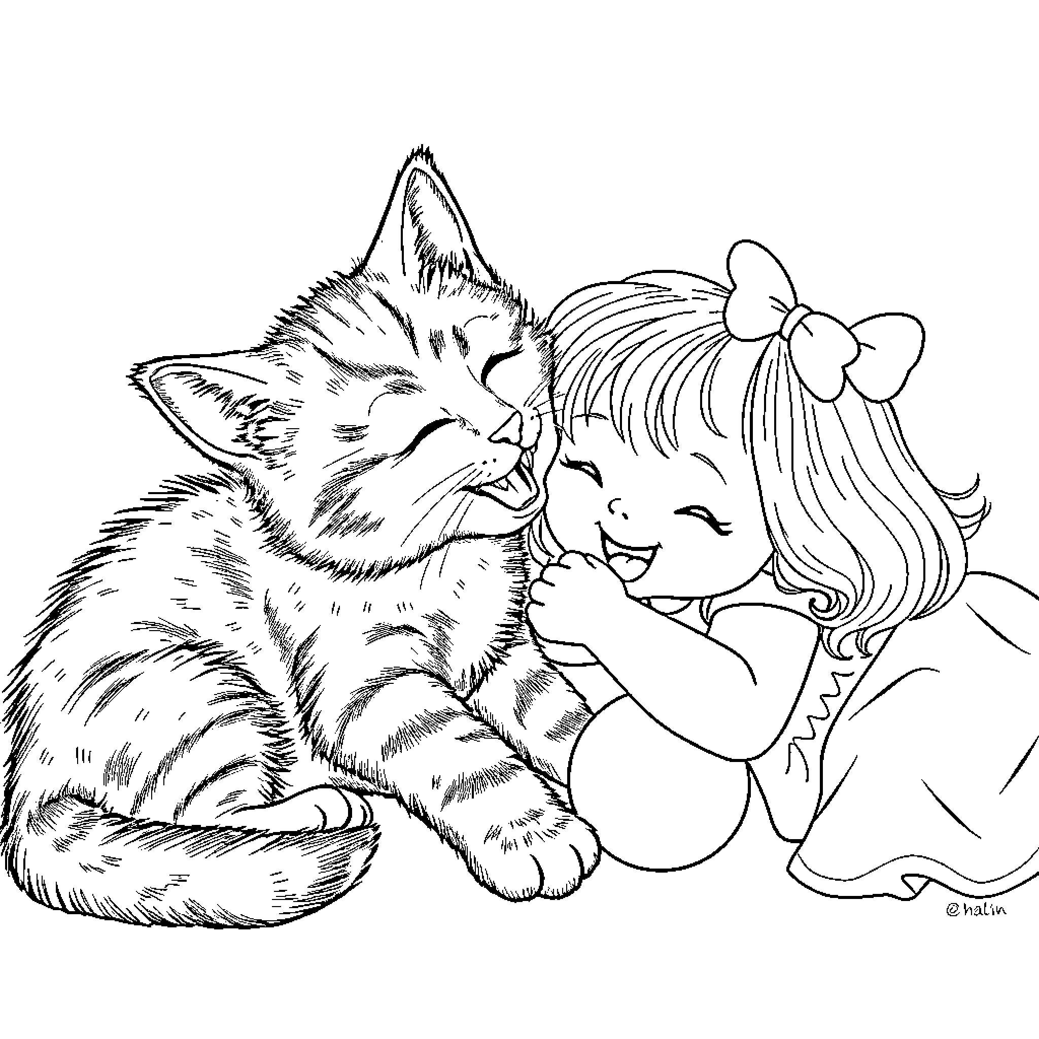Cat Comforting Young Girl in Distress Coloring Page (free black-and-white line drawing printable PDF for all, from beginners to advanced learners, including children, teens, adults, and seniors)