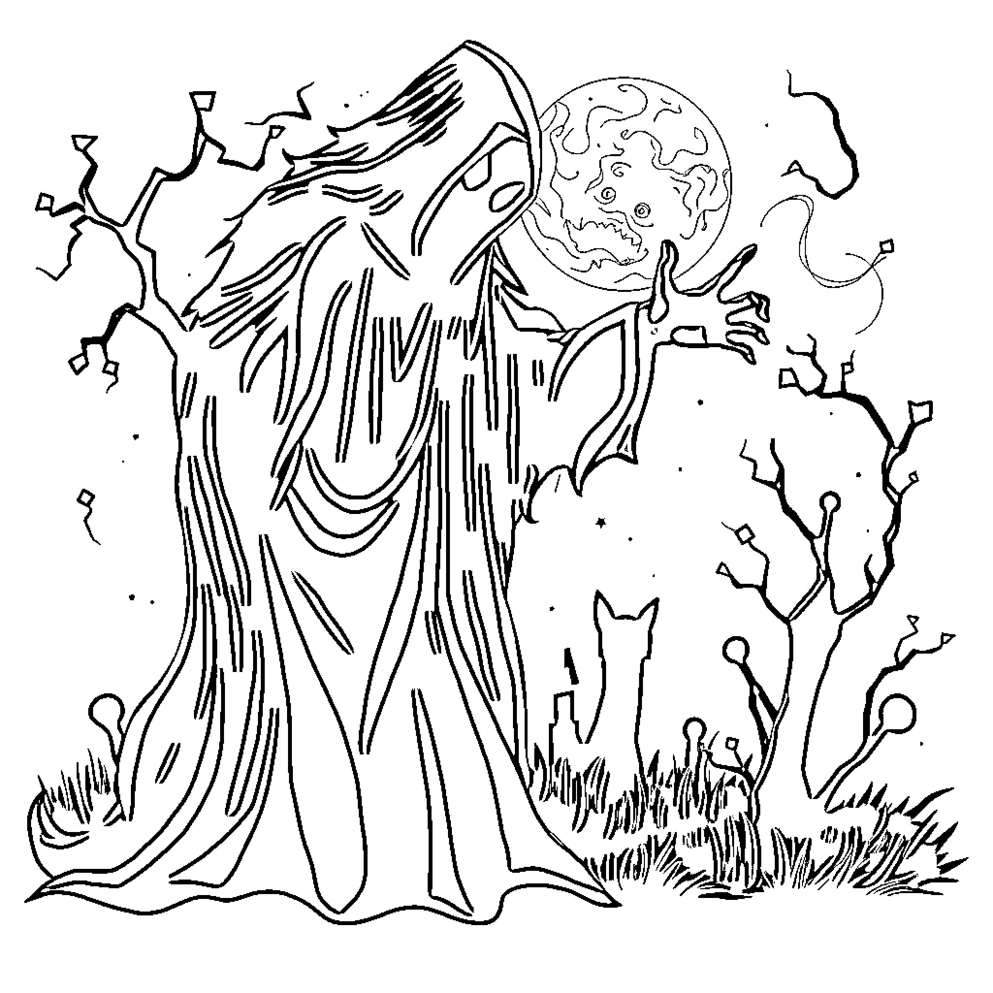 Art of Mysterious Cloaked Figure in Ethereal Landscape Coloring Page (free black-and-white line drawing printable PDF for all, from beginners to advanced learners, including children, teens, adults, and seniors)