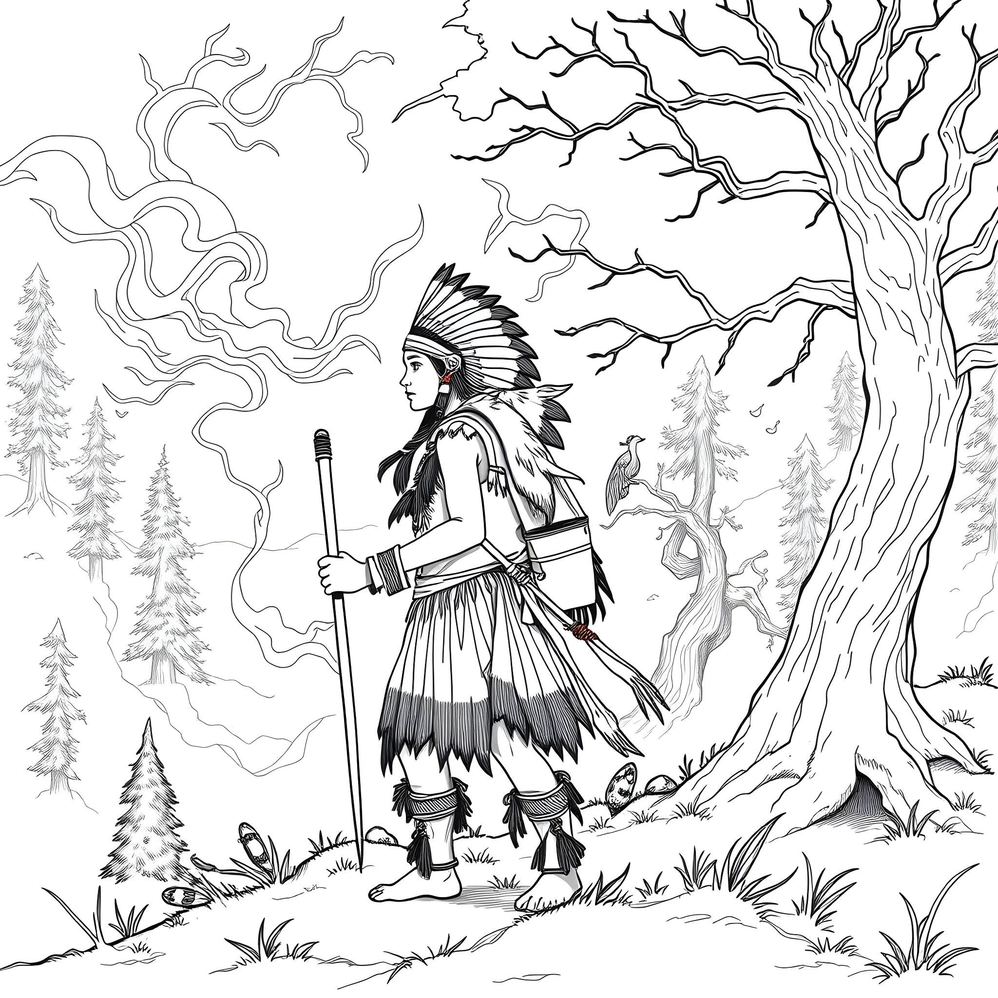 Warrior Walks Through the Enchanted Forest Coloring Page (free black-and-white line drawing printable PDF for all, from beginners to advanced learners, including children, teens, adults, and seniors)