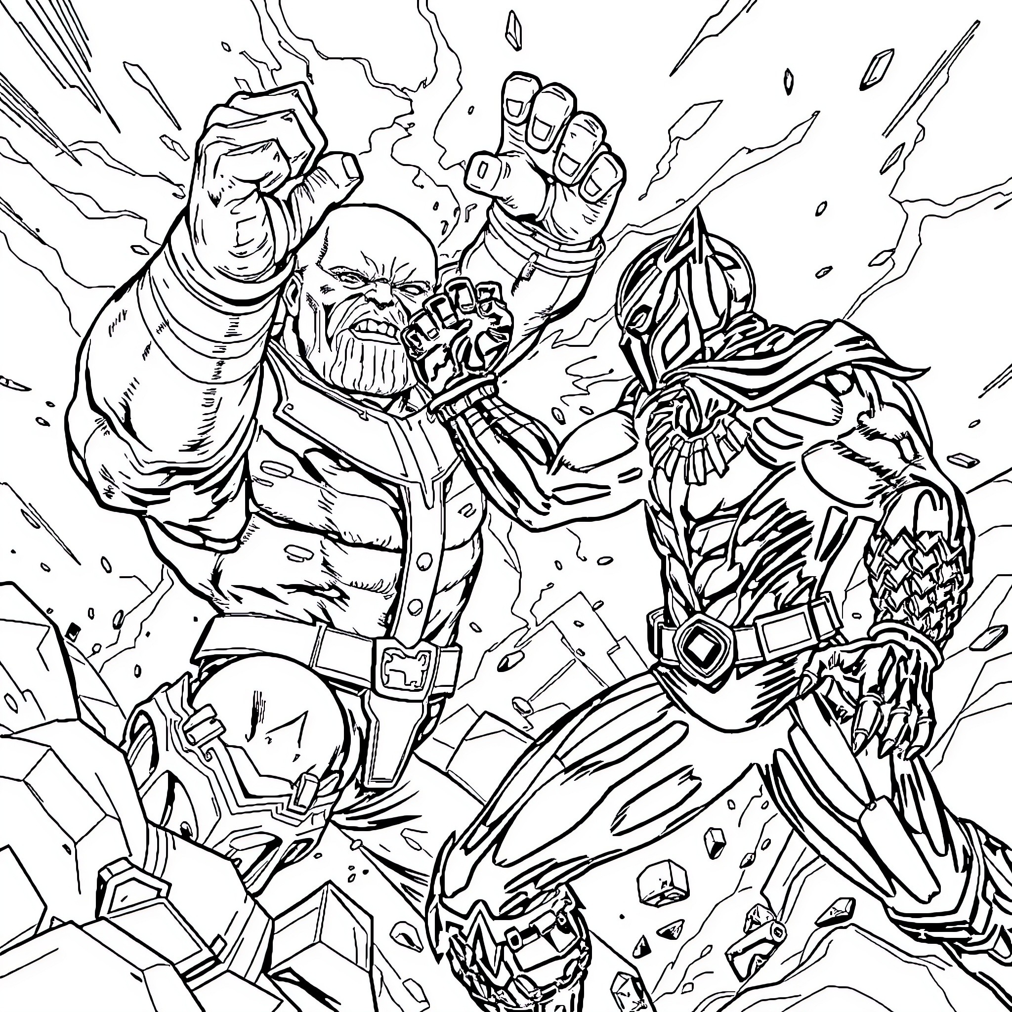Thanos battling a powerful warrior in an intense fight Coloring Page (free black-and-white line drawing printable PDF for all, from beginners to advanced learners, including children, teens, adults, and seniors)
