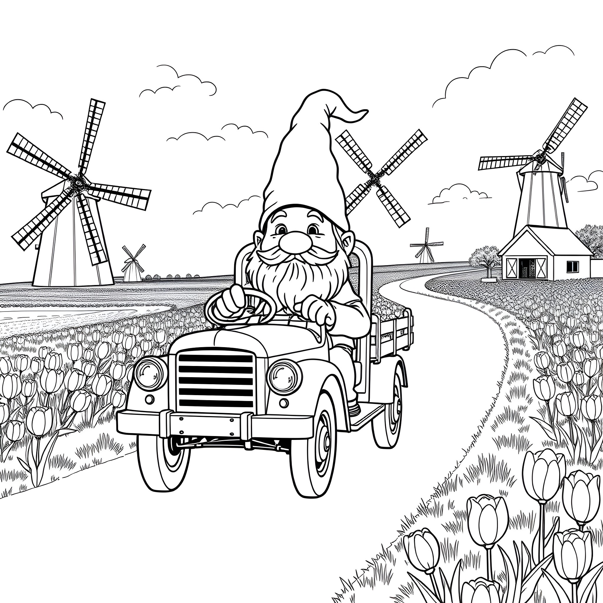 Gnome driving a truck through a tulip field with windmills Coloring Page (free black-and-white line drawing printable PDF for all, from beginners to advanced learners, including children, teens, adults, and seniors)
