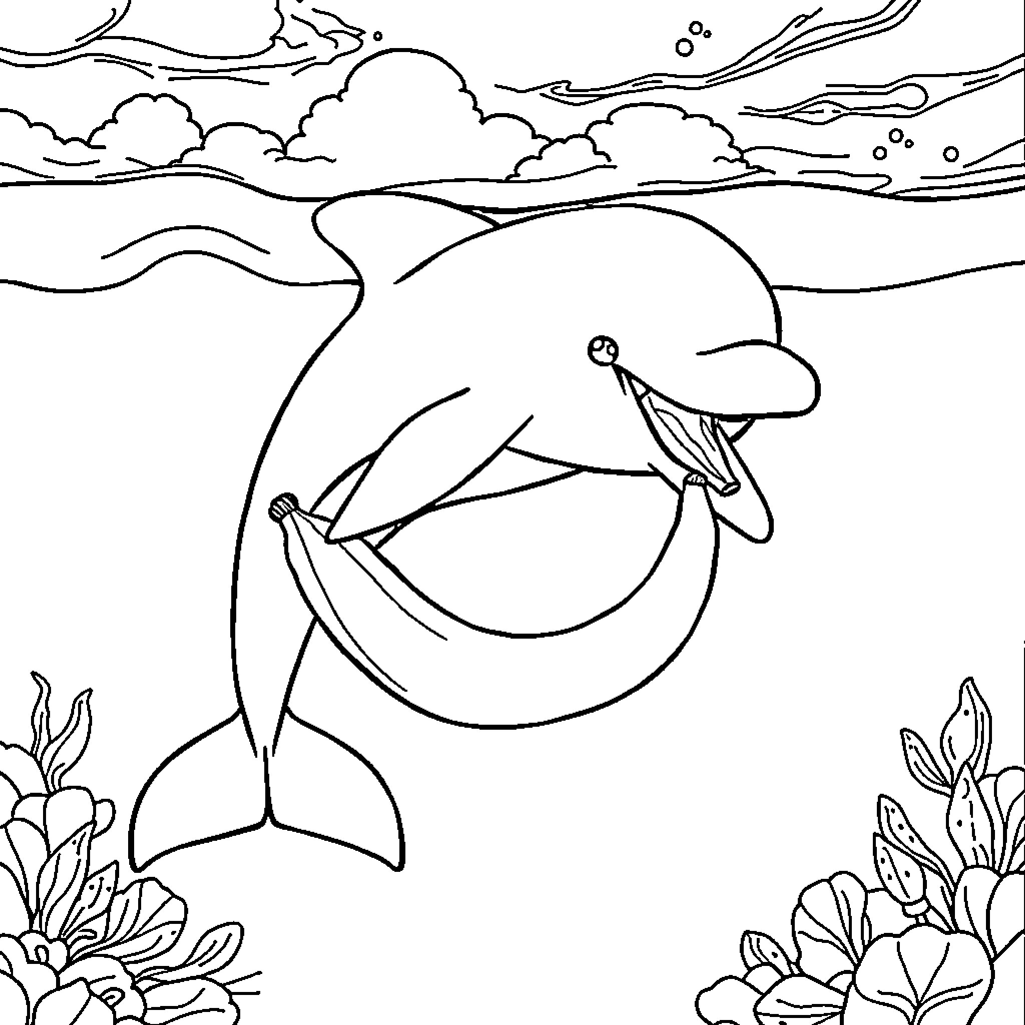 Dolphin jumping playfully in the ocean Coloring Page (free black-and-white line drawing printable PDF for all, from beginners to advanced learners, including children, teens, adults, and seniors)