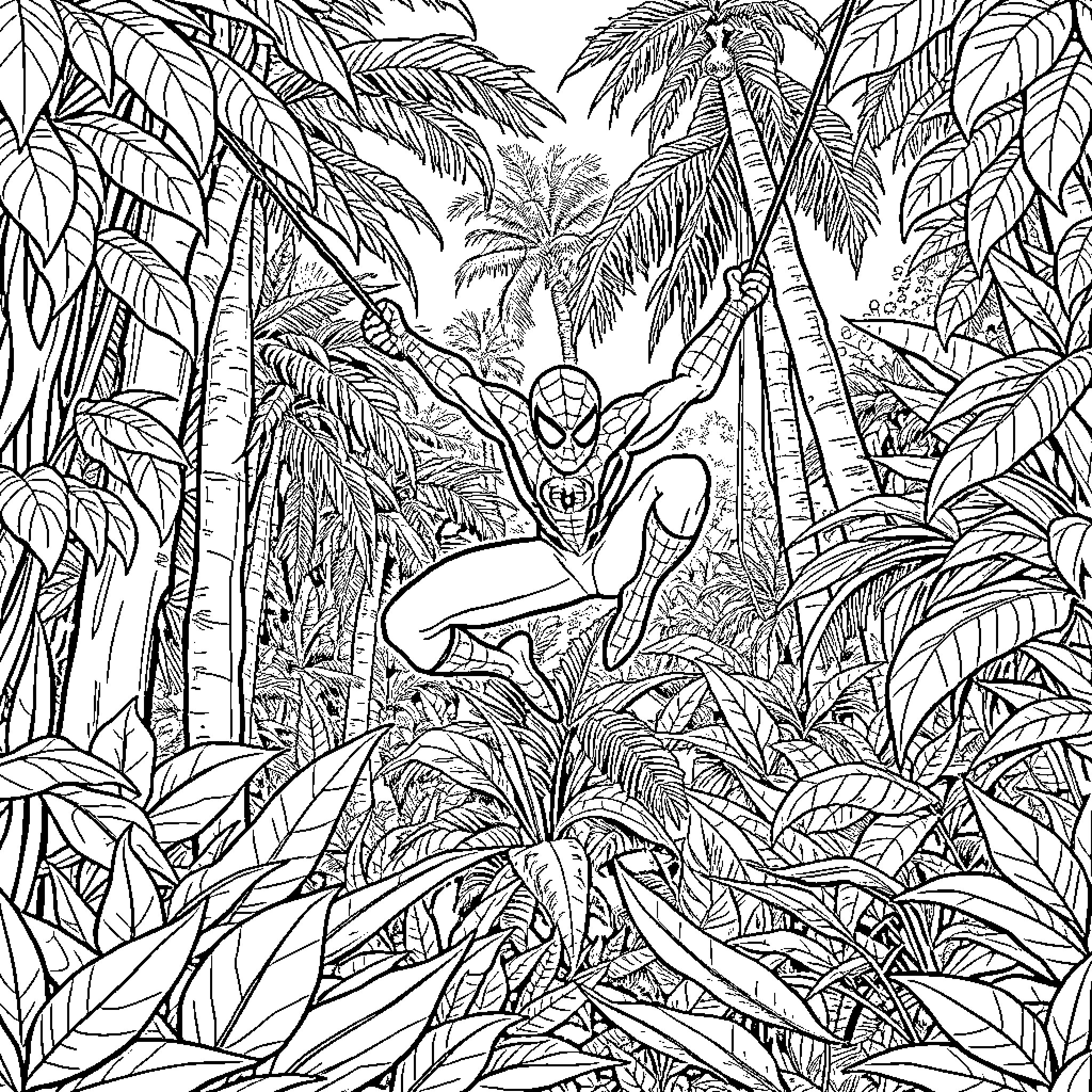 Spiderman swinging through the jungle landscape Coloring Page (free black-and-white line drawing printable PDF for all, from beginners to advanced learners, including children, teens, adults, and seniors)